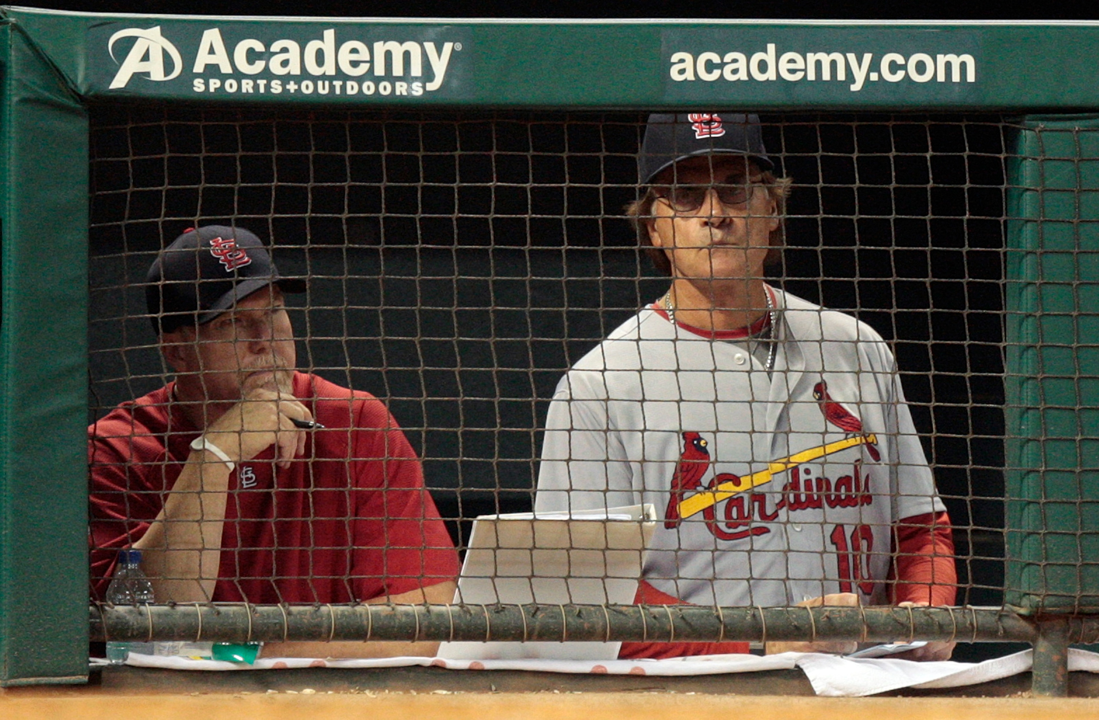 HOUSTON - AUGUST 31: Manager Tony La Russa (R) and hitting coach Mark McGwire of the St. Louis Cardinals look on from the dugout in the ninth inning at Minute Maid Park on August 31, 2010 in Houston, Texas. (Photo by Bob Levey/Getty Images) HOUSTON - AUGUST 31: Manager Tony La Russa (R) and hitting coach Mark McGwire of the St. Louis Cardinals look on from the dugout in the ninth inning at Minute Maid Park on August 31, 2010 in Houston, Texas. (Photo by Bob Levey/Getty Images)
