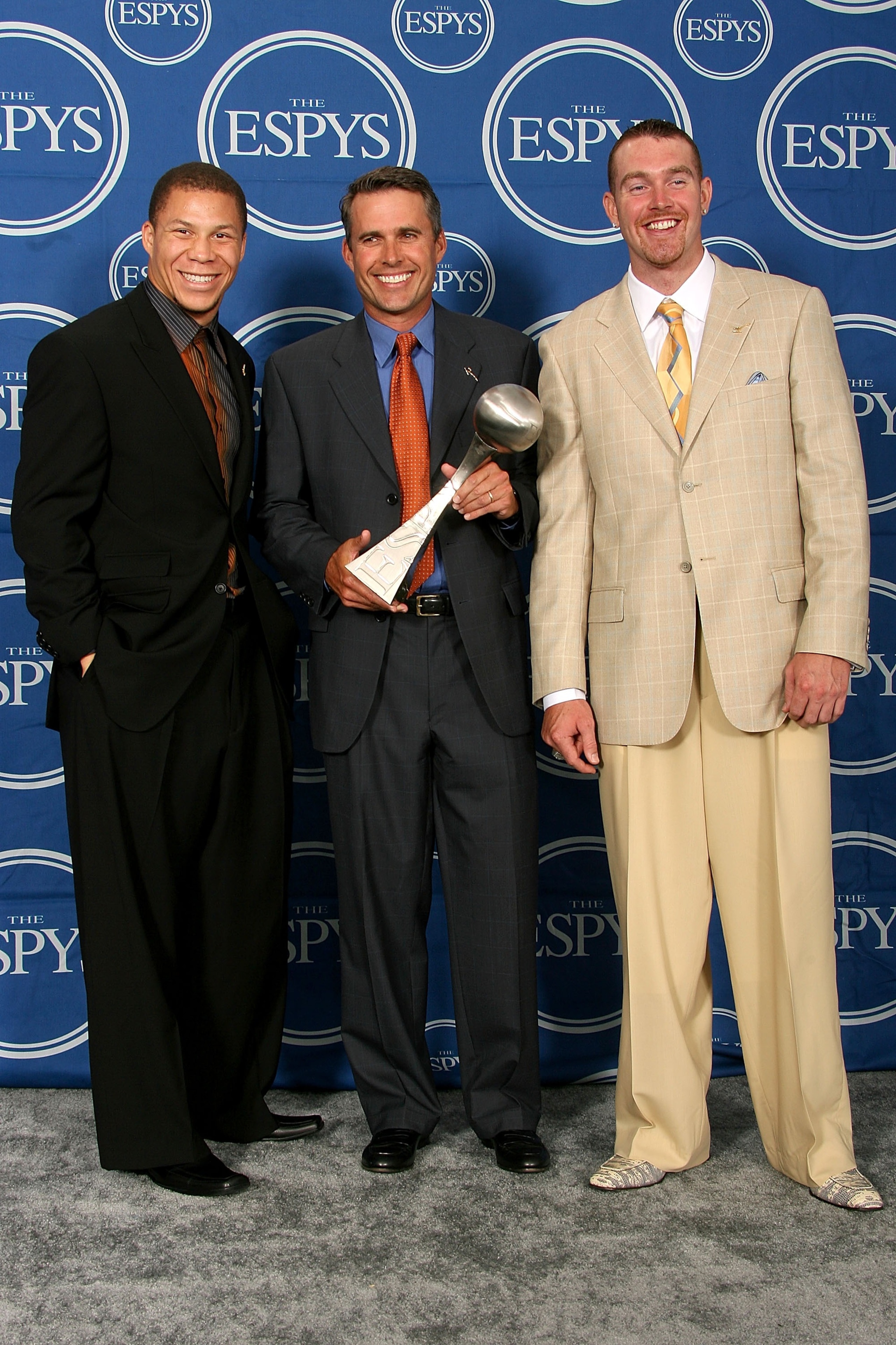 HOLLYWOOD - JULY 11:  (L-R) Boise State football player Ian Johnson, head coach Chris Peterson and Jared Zabransky hold the award for 'Best Play' in the press room during the 2007 ESPY Awards at the Kodak Theatre on July 11, 2007 in Hollywood, California.