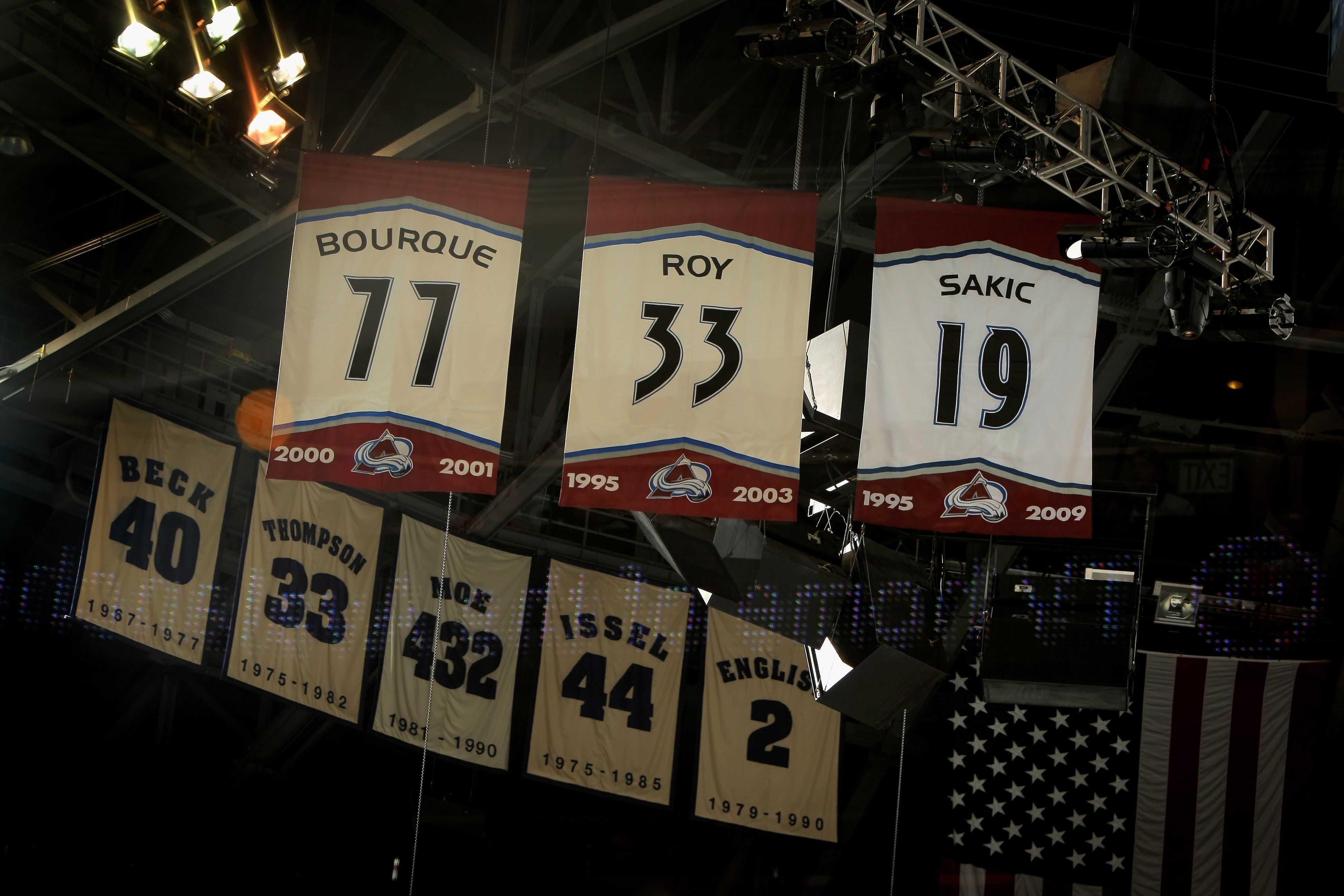 DENVER - OCTOBER 03:  The newly retired number 19 of Joe Sakic of the Colorado Avalanche rests in the rafters with his peers from the Avs and the Nuggets as the Avs face the Vancouver Canucks during NHL action at the Pepsi Center on October 3, 2009 in Den