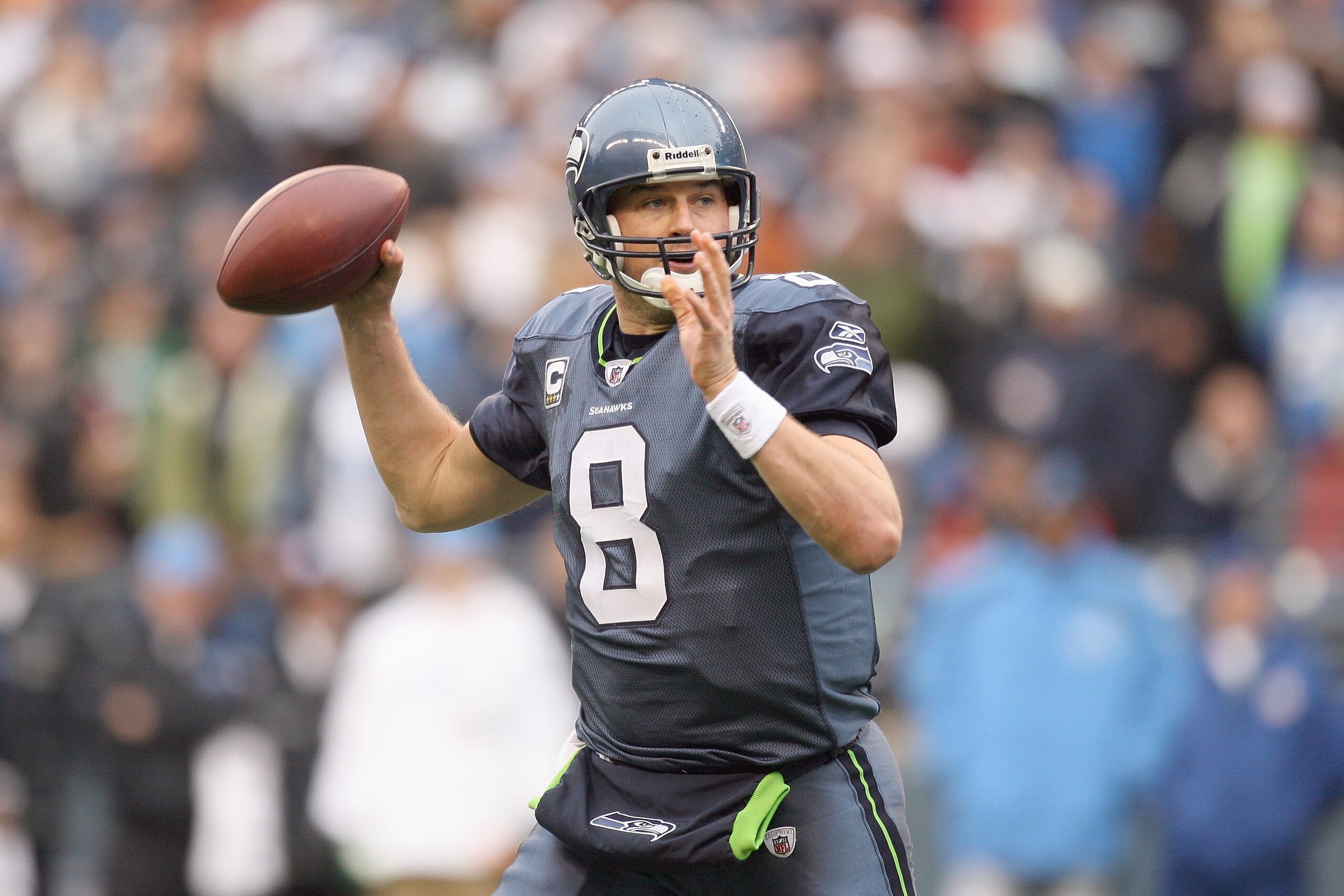 SEATTLE - NOVEMBER 08:  Matt Hasselbeck #8 of the Seattle Seahawks looks to pass the ball against the Detroit Lions on November 8, 2009 at Qwest Field in Seattle, Washington. The Seahawks defeated the Lions 32-20. (Photo by Otto Greule Jr/Getty Images)