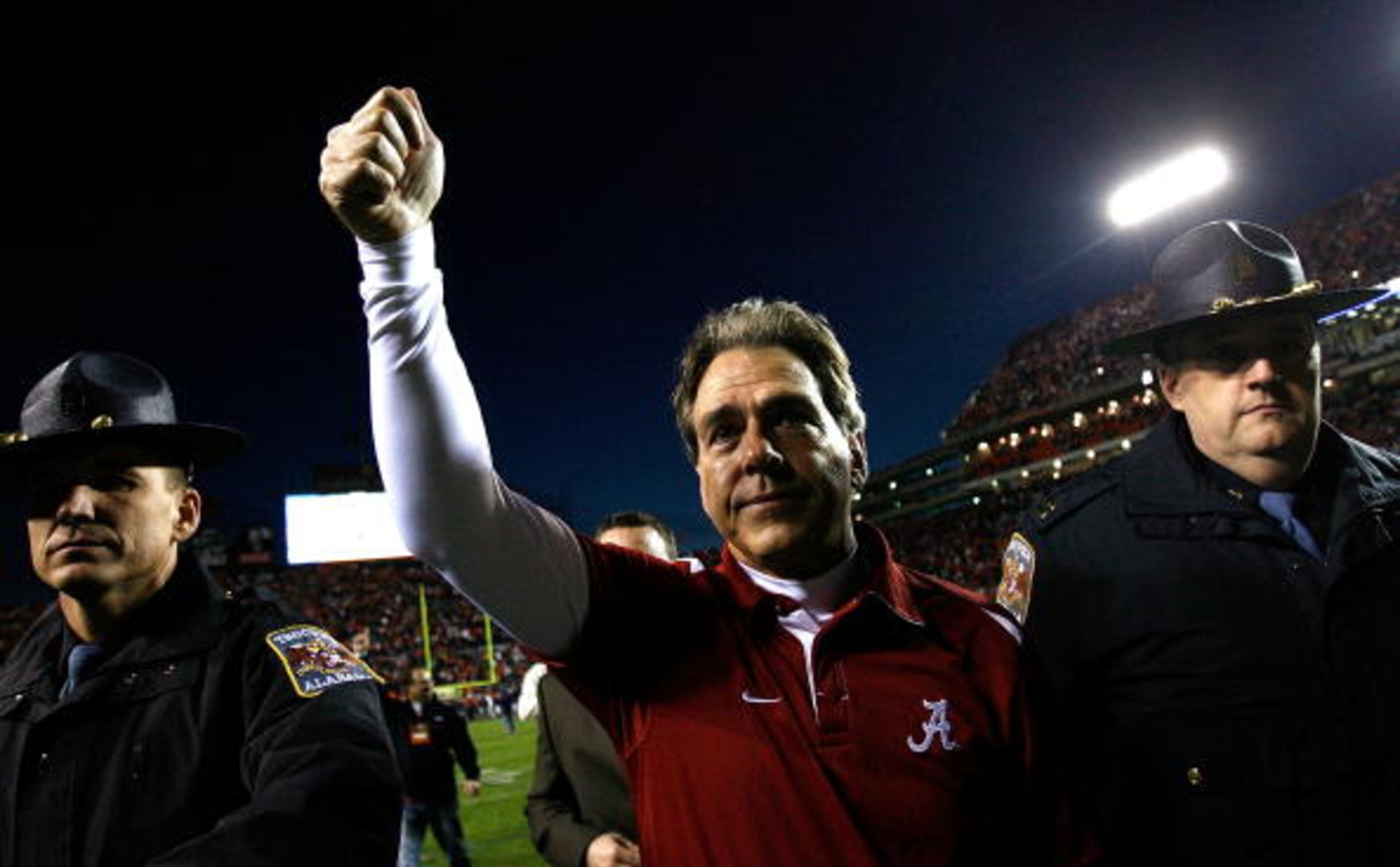 AUBURN, AL - NOVEMBER 27:  Head coach Nick Saban of the Alabama Crimson Tide celebrates their 26-21 win over the Auburn Tigers at Jordan-Hare Stadium on November 27, 2009 in Auburn, Alabama.  (Photo by Kevin C. Cox/Getty Images)