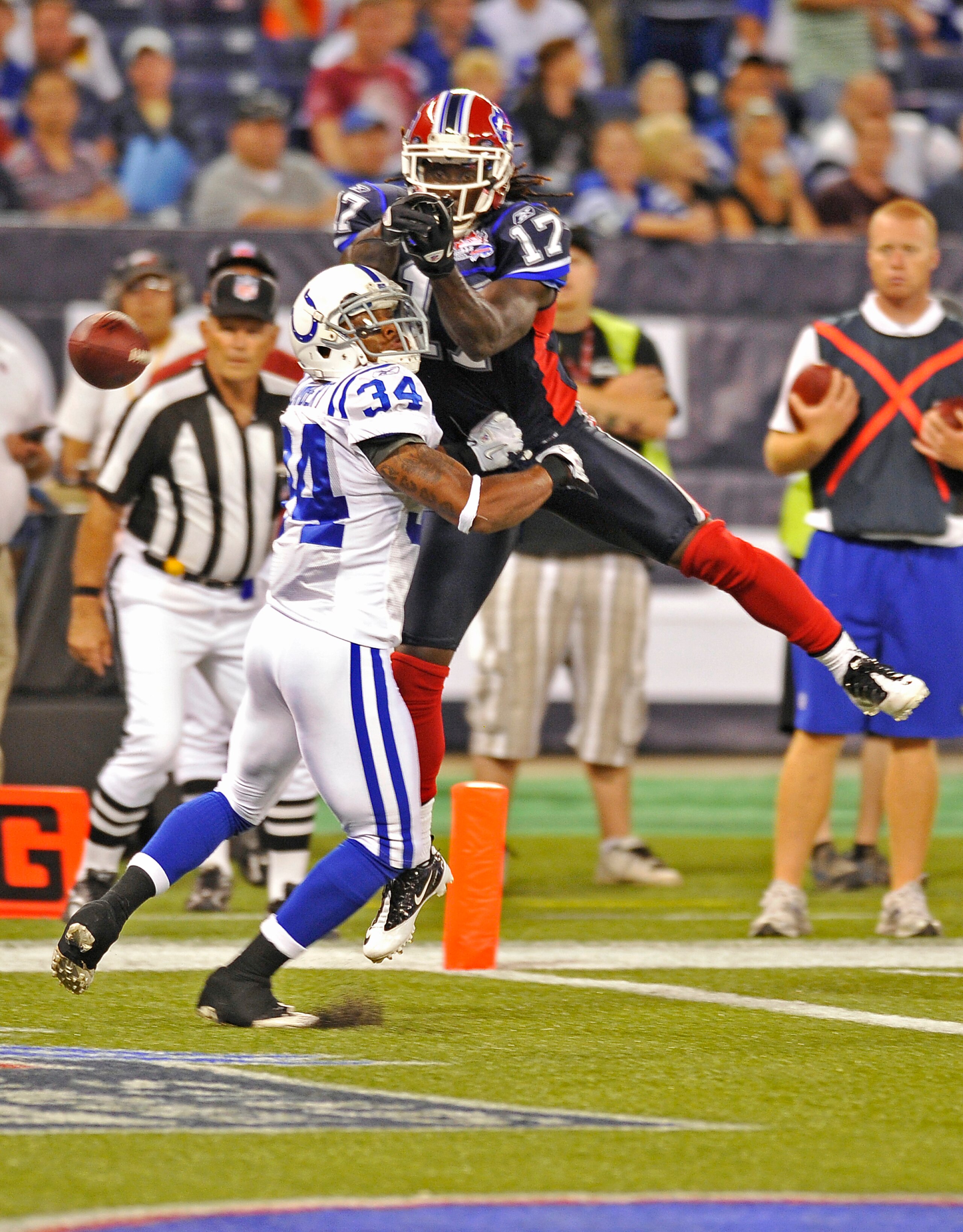 TORONTO - AUGUST 19:  Chad Jackson #17 of the Buffalo Bills can't make the catch with Tarrail Lamberts #34 of the Indianapolis Colts defending during game action August 19, 2010 at the Rogers Centre in Toronto, Ontario, Canada. (Photo by Brad White/Getty