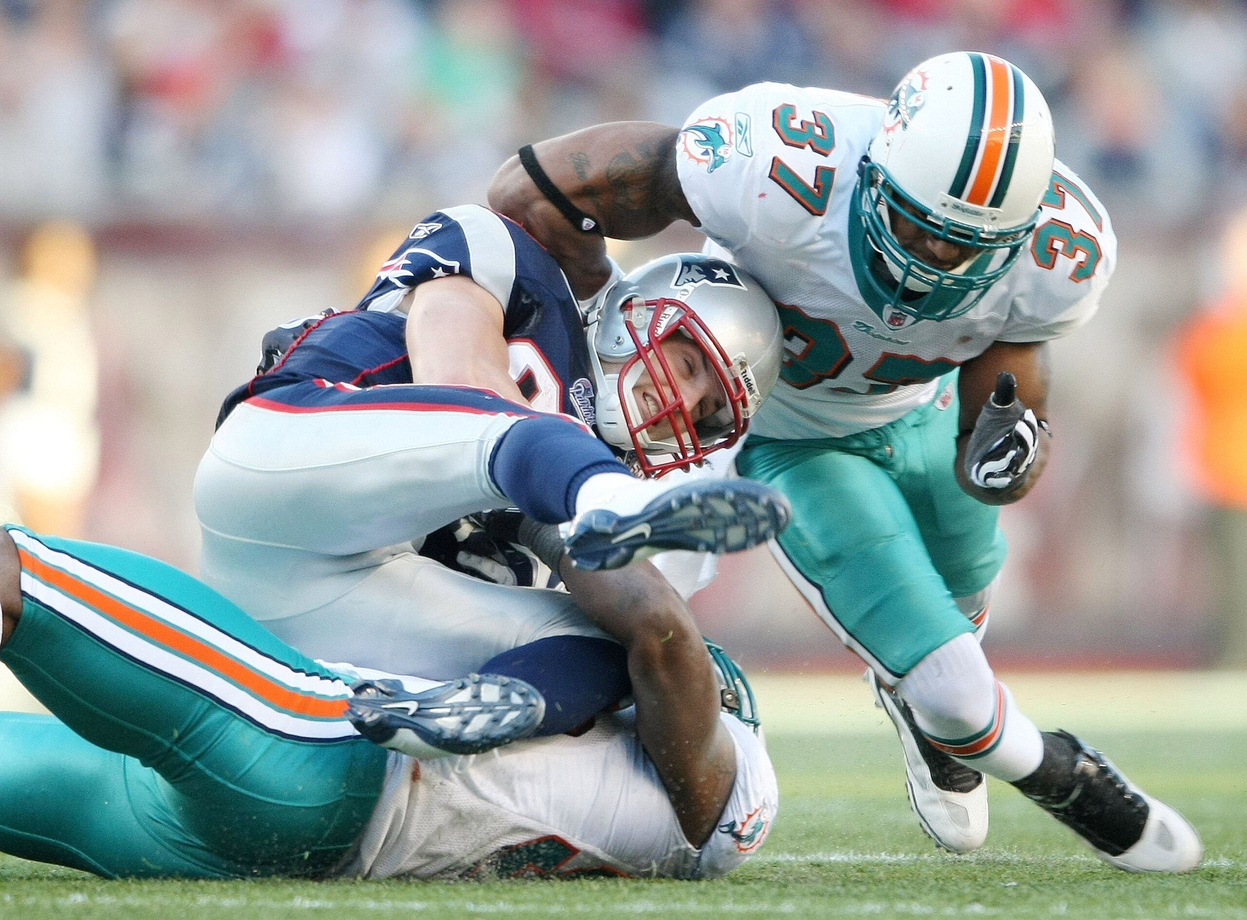 FOXBORO, MA - NOVEMBER 08:  Wes Welker #83 of the New England Patriots is tackled by Yeremiah Bell #37 and Reggie Torbor #53 of the Miami Dolphins on November 8, 2009 at Gillette Stadium in Foxboro, Massachusetts. The Patriots defeated the Dolphins 27-17.