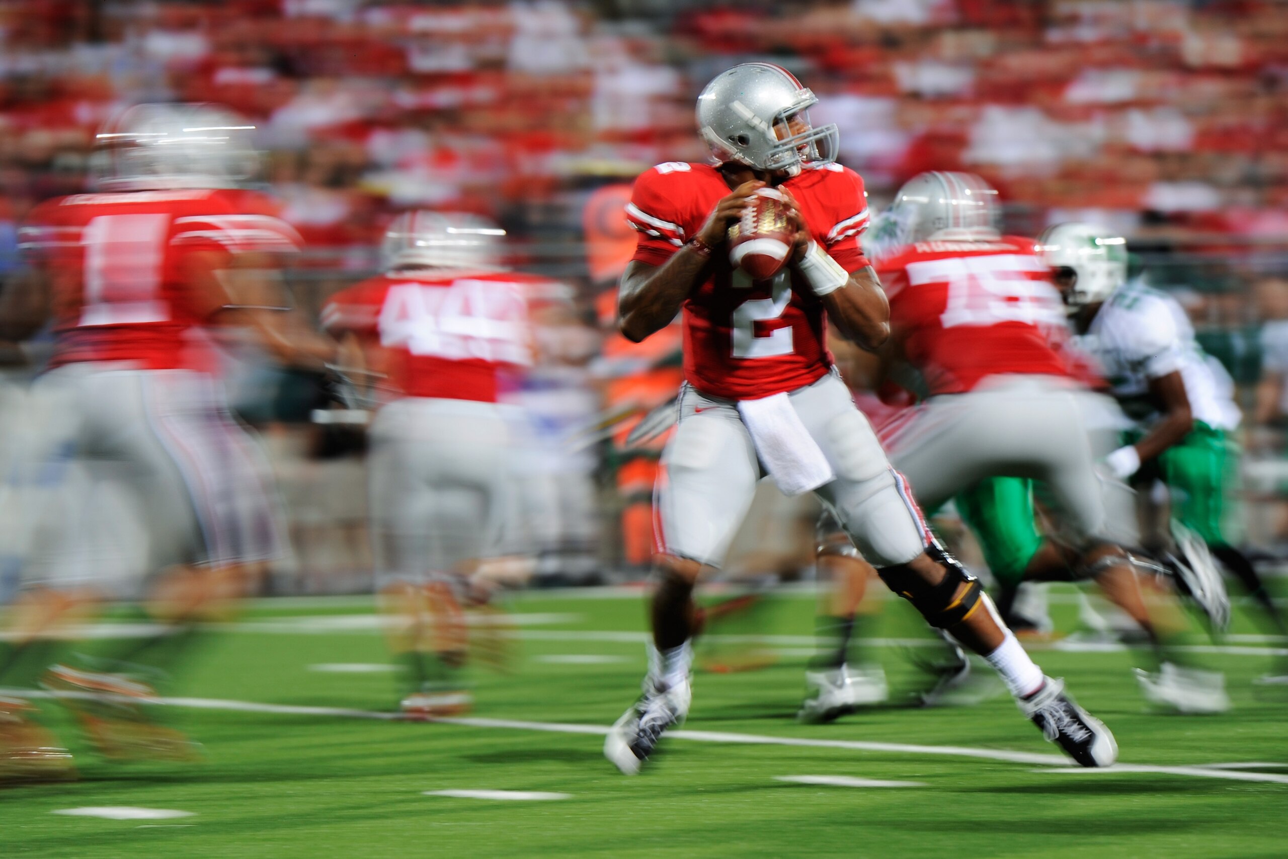 COLUMBUS, OH - SEPTEMBER 2:  Terrelle Pryor #2 of the Ohio State Buckeyes drops back to pass against the Marshall Thundering Herd at Ohio Stadium on September 2, 2010 in Columbus, Ohio.  (Photo by Jamie Sabau/Getty Images)