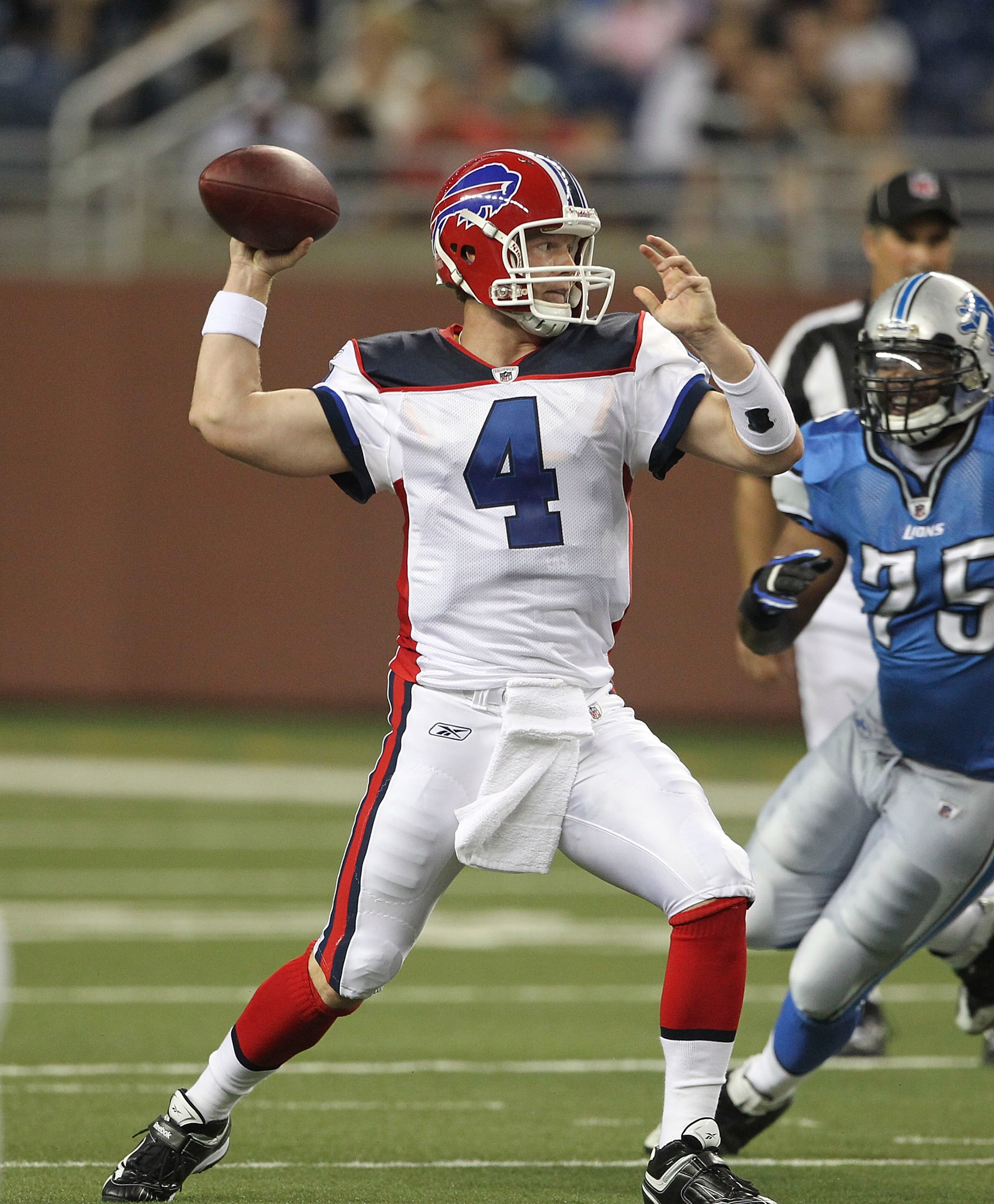 DETROIT - SEPTEMBER 02: Brian Brohm #4 of the Buffalo Bills drops back to pass during the second quarter of the preseason game against the Detroit Lions at Ford Field on September 2, 2010 in Detroit, Michigan.  (Photo by Leon Halip/Getty Images)