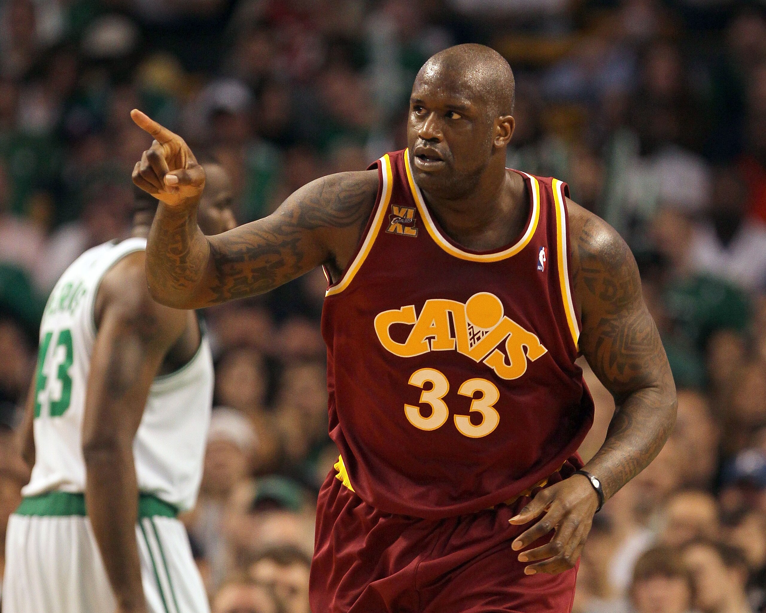 BOSTON - MAY 07:  Shaquille O'Neal #33 reacts after sinking a basket against  the Boston Celtics in Game Three of the Eastern Conference Semifinals of the 2010 NBA Playoffs at TD Banknorth Garden on May 7, 2010 in Boston, Massachusetts. NOTE TO USER: User