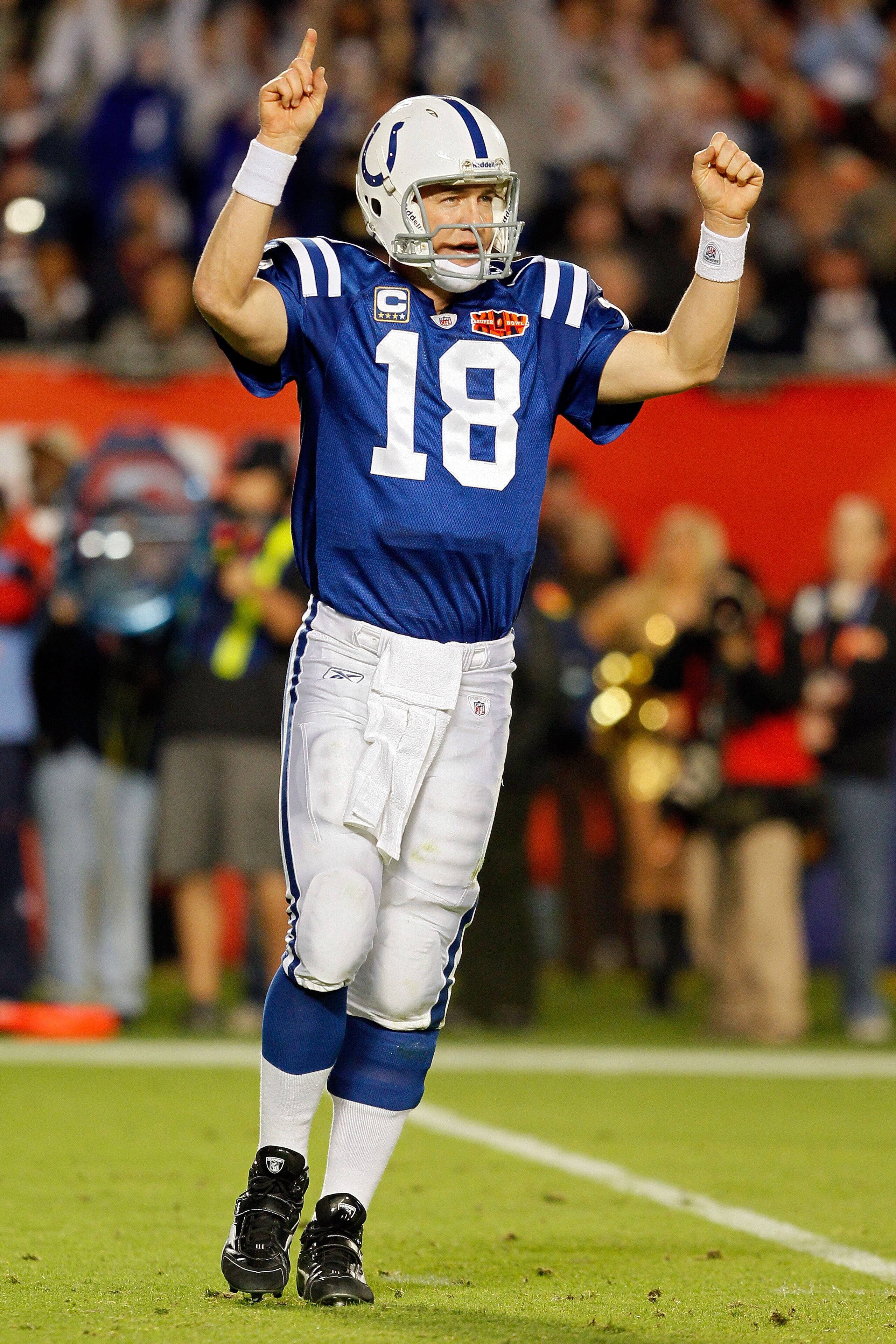 MIAMI GARDENS, FL - FEBRUARY 07:  Peyton Manning #18 of the Indianapolis Colts celebrates after a touchdown in the third quarter against the New Orleans Saints during Super Bowl XLIV on February 7, 2010 at Sun Life Stadium in Miami Gardens, Florida.  (Pho