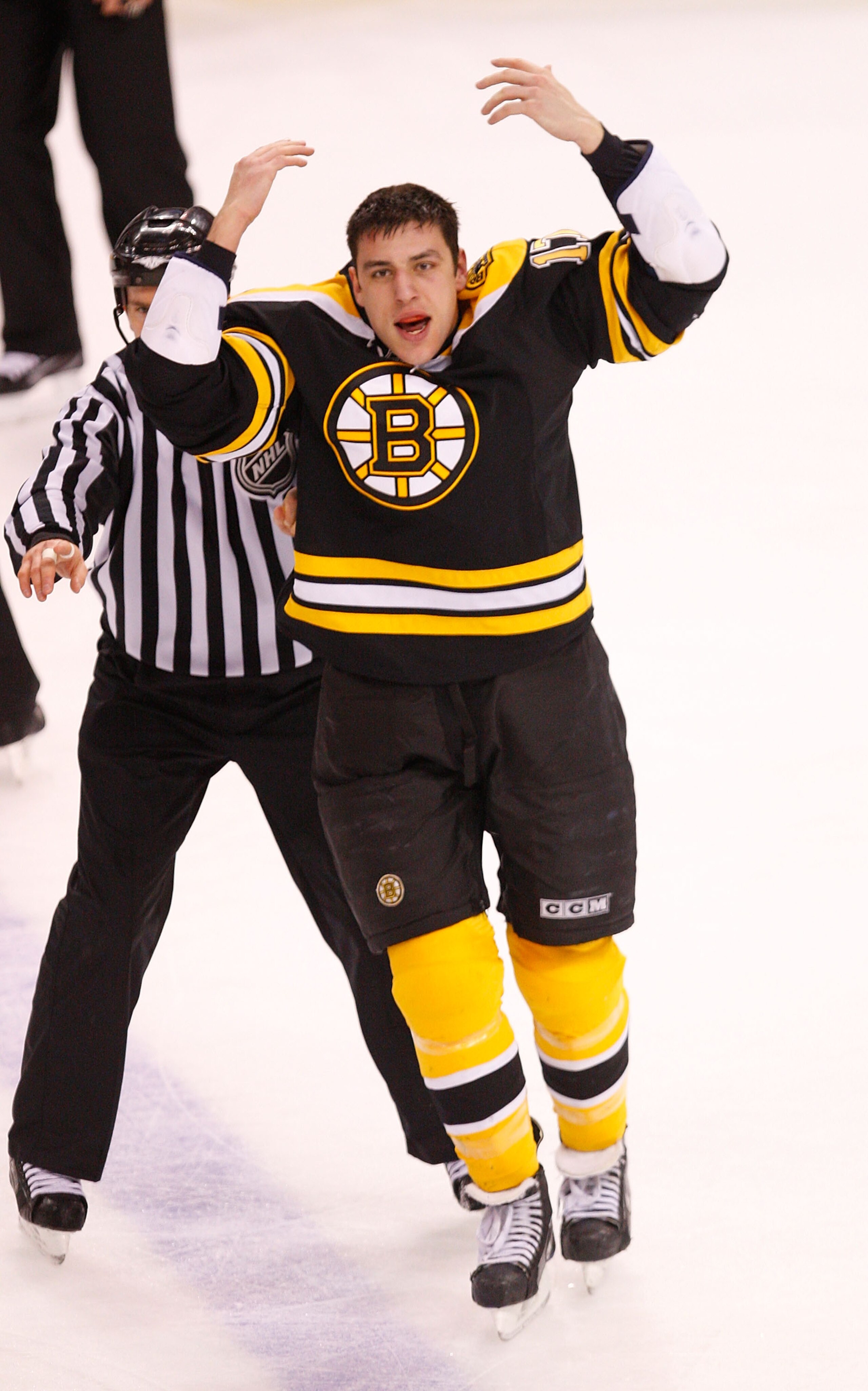 BOSTON, MA - FEBRUARY 28:  Milian Lucic #17 of the Boston Bruins reacts after a fight with Jarkko Ruutu #37 of the Pittsburgh Penguins in the third period at the TD Banknorth Garden on February 28, 2008 in Boston, Massachusetts.   (Photo by Jim Rogash/Get