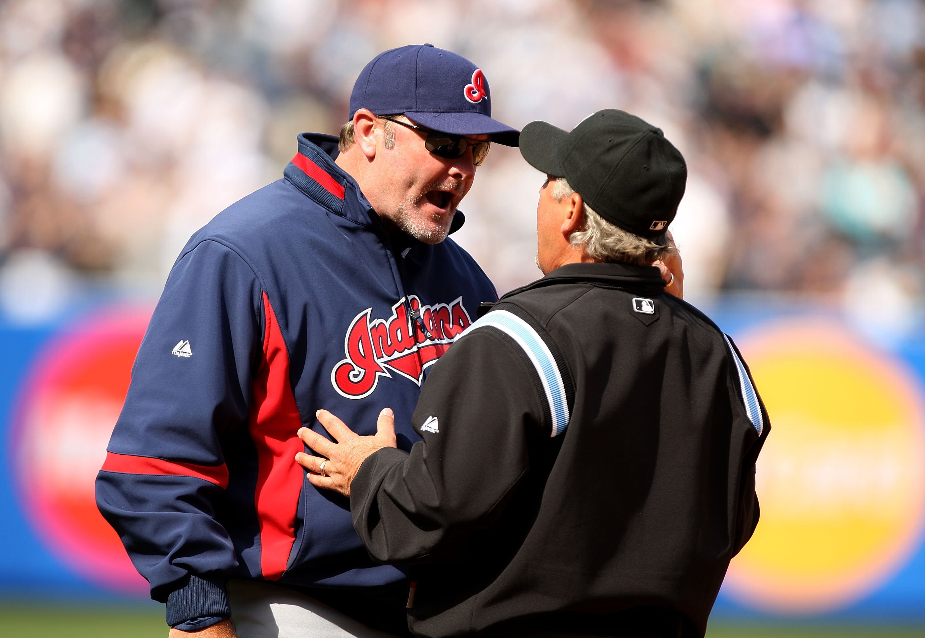 NEW YORK - APRIL 19:  Cleveland Indians manager Eric Wedge argues with the umpire about a Jorge Posada #20 of the New York Yankees pinch hit two-run home run in the seventh inning of their game against the Cleveland Indians at Yankee Stadium on April 19,