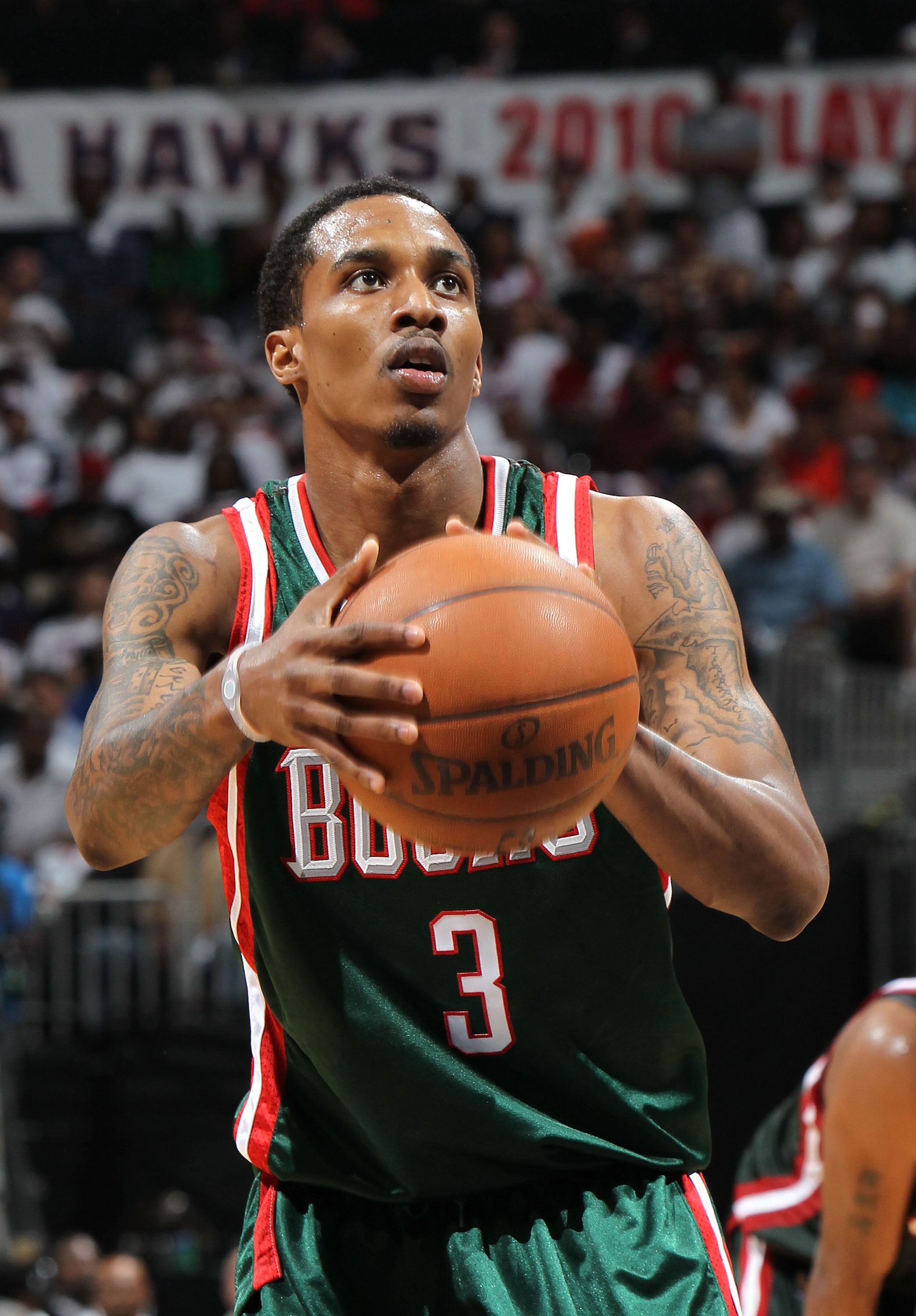 ATLANTA - MAY 2:  Guard Brandon Jennings #3 of the Milwaukee Bucks gets set to shoot a free throw during Game Seven of the Eastern Conference Quarterfinals between the Milwaukee Bucks and the Atlanta Hawks during the 2010 NBA Playoffs at Philips Arena on 