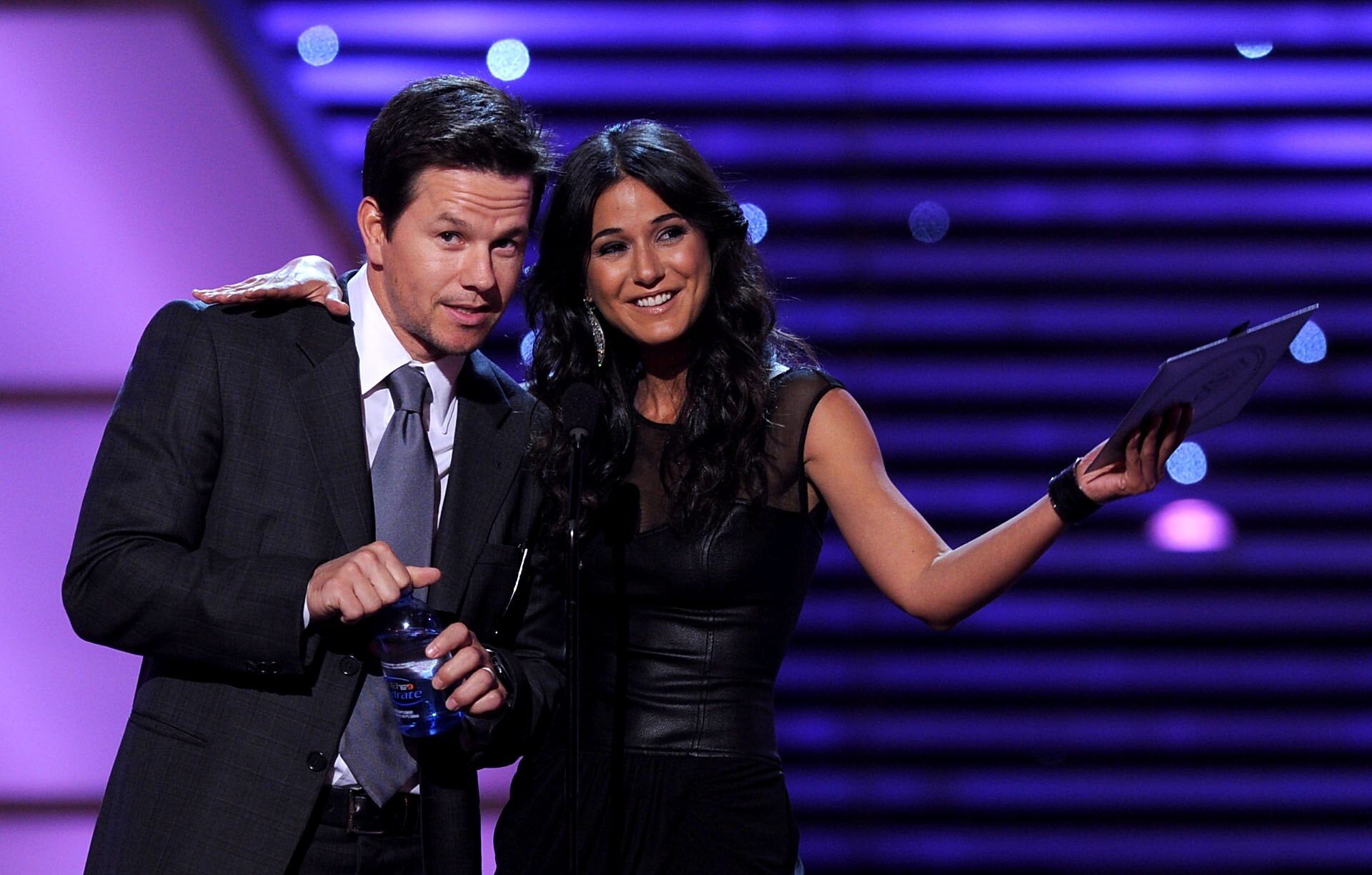 LOS ANGELES, CA - JULY 14:  Actor Mark Wahlberg (L) and actress Emmanuelle Chriqui speak onstage during the 2010 ESPY Awards at Nokia Theatre L.A. Live on July 14, 2010 in Los Angeles, California.  (Photo by Kevin Winter/Getty Images)