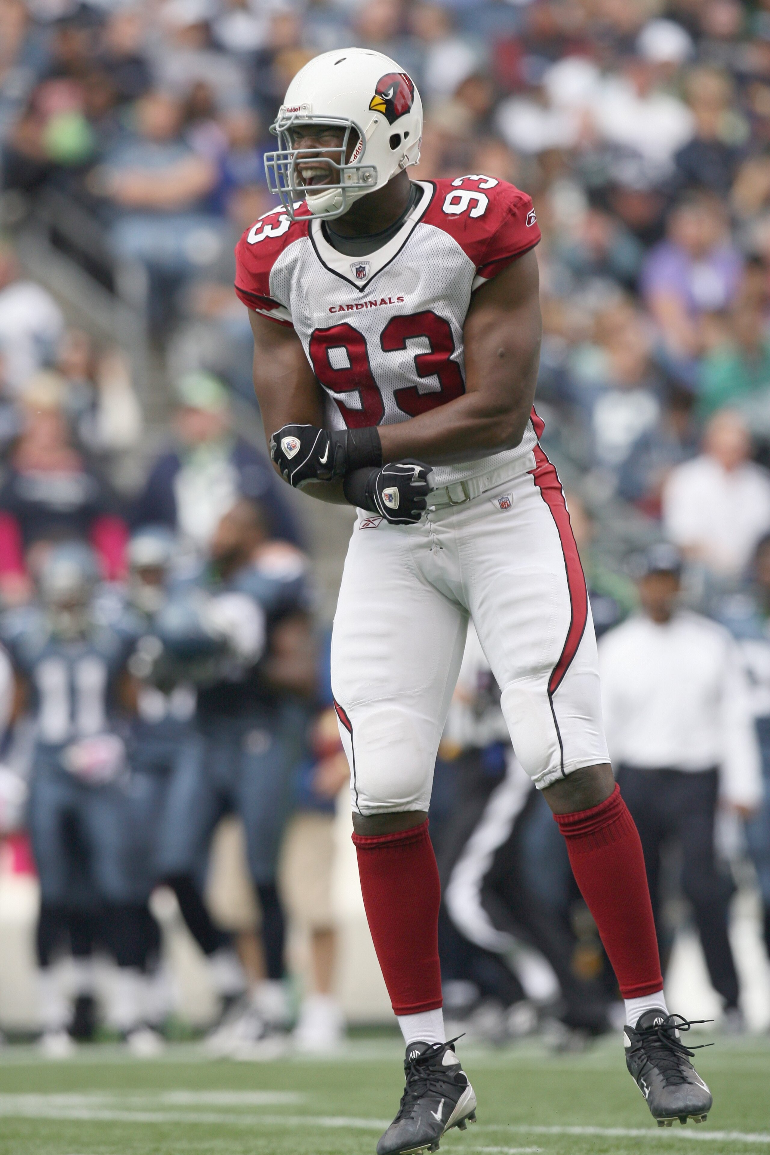SEATTLE - OCTOBER 18:  Calais Campbell #93 of the Arizona Cardinals celebrates on the field during the game against the Seattle Seahawks on October 18, 2009 at Qwest Field in Seattle, Washington. (Photo by Otto Greule Jr/Getty Images)