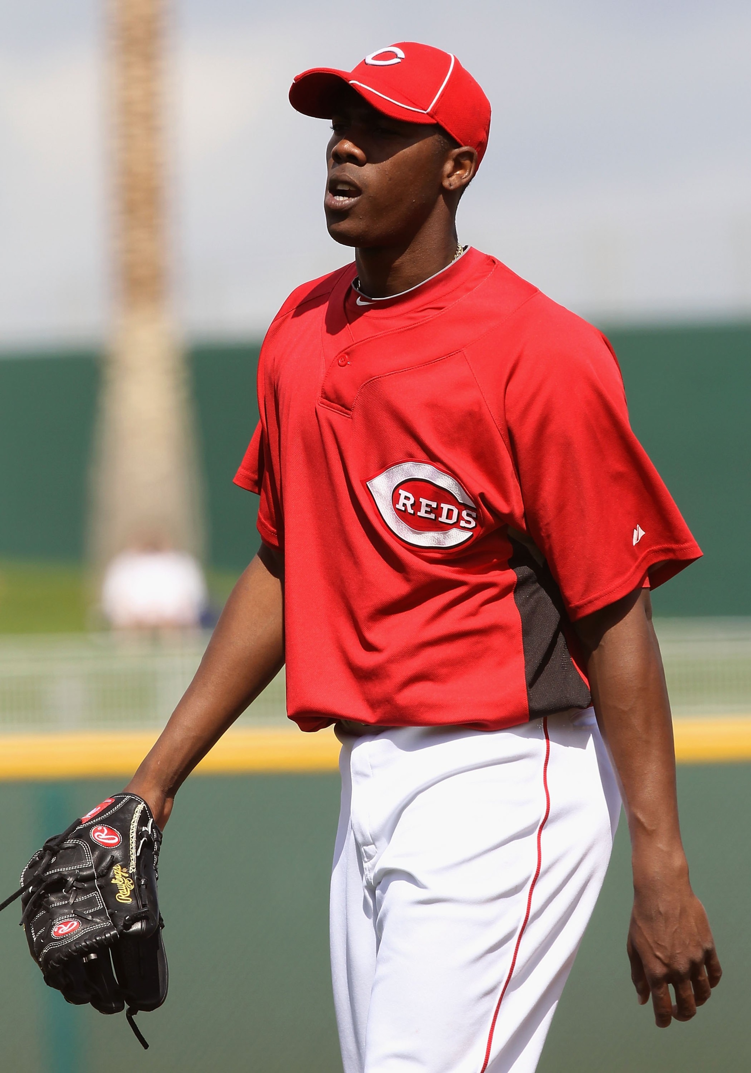 GOODYEAR, AZ - MARCH 08:  Relief pitcher Aroldis Chapman #54 of the Cincinnati Reds walks on the field during the MLB spring training game at Goodyear Ballpark on March 8, 2010 in Goodyear, Arizona.  The Reds defeated the Royals 14-5.  (Photo by Christian