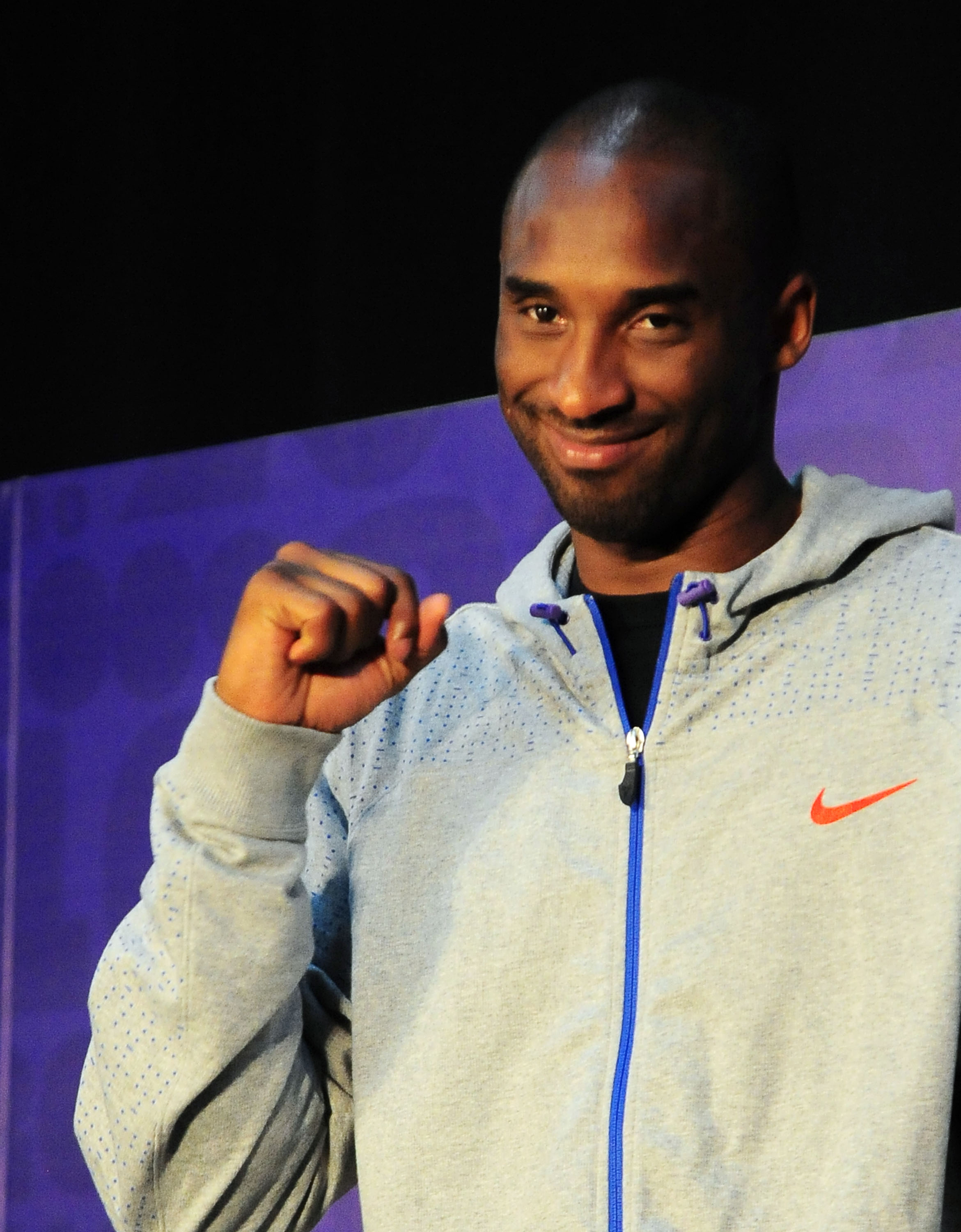 GUANGZHOU, CHINA - JULY 29:  (CHINA OUT) NBA player Kobe Bryant of the Los Angeles Lakers pumps his fist during a meet and greet with fans at Jinan University on July 29, 2010 in Guangzhou, Guangdong Province of China.  (Photo by ChinaFotoPress/Getty Imag