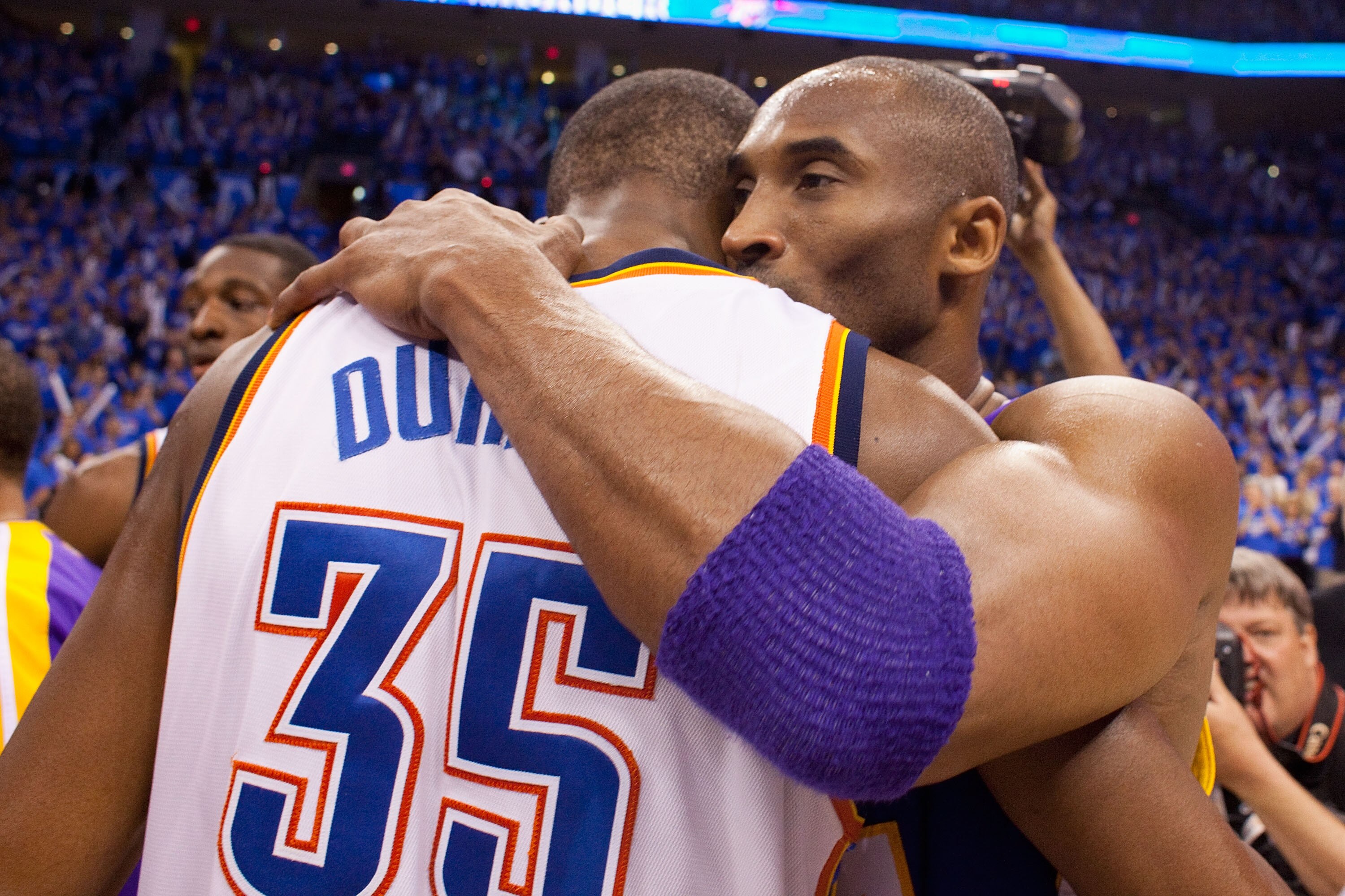OKLAHOMA CITY - APRIL 30: Kobe Bryant #24 of the Los Angeles Lakers hugs Kevin Durant #35 of the Oklahoma City Thunder after after the Lakers won Game Six of the Western Conference Quarterfinals of the 2010 NBA Playoffs on April 30, 2010 at the Ford Cente