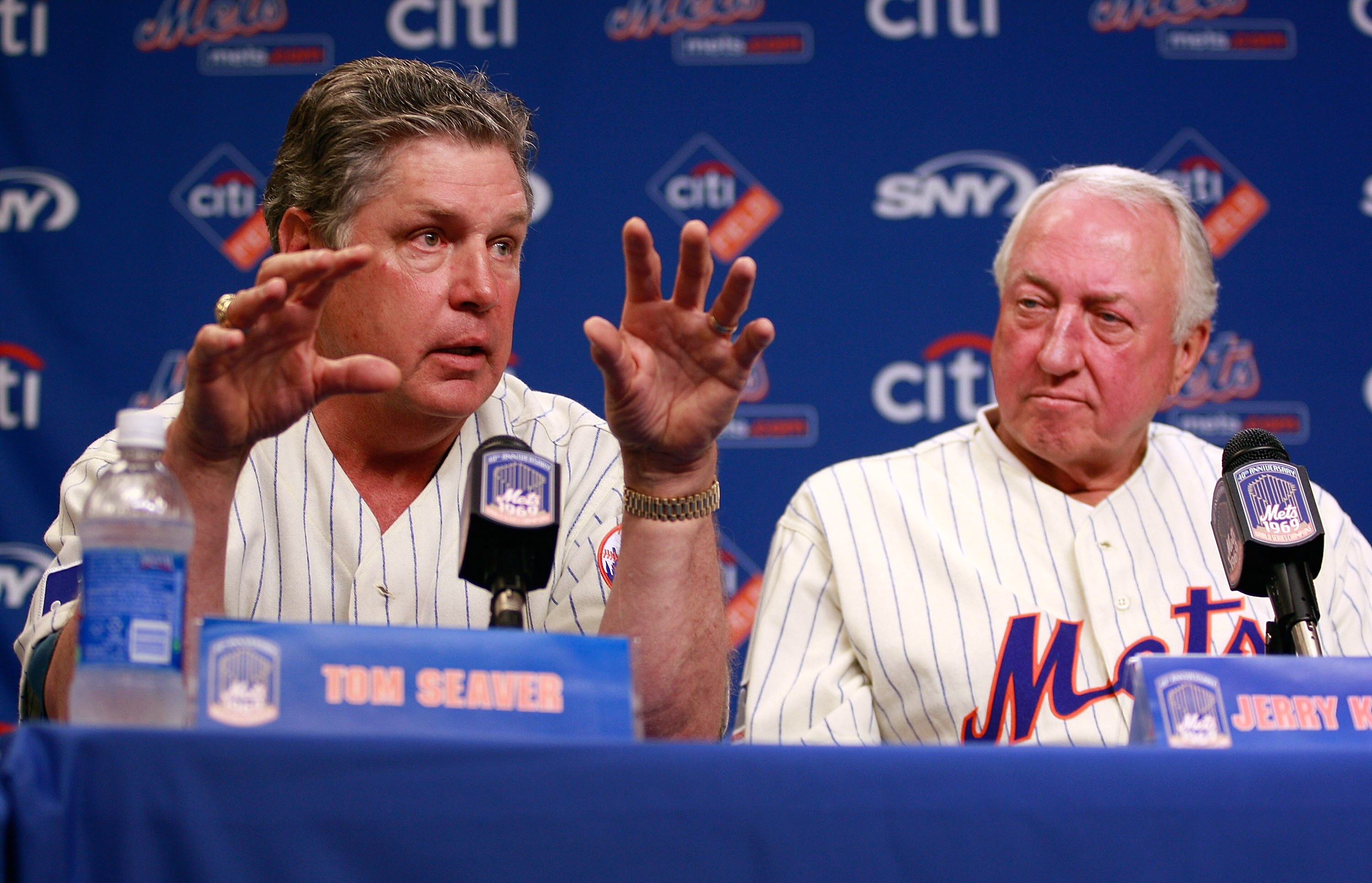 NEW YORK - AUGUST 22:  Tom Seaver and Jerry Koosman speak at a press conference commemorating the New York Mets 40th anniversary of the 1969 World Championship team on August 22, 2009 at Citi Field in the Flushing neighborhood of the Queens borough of New