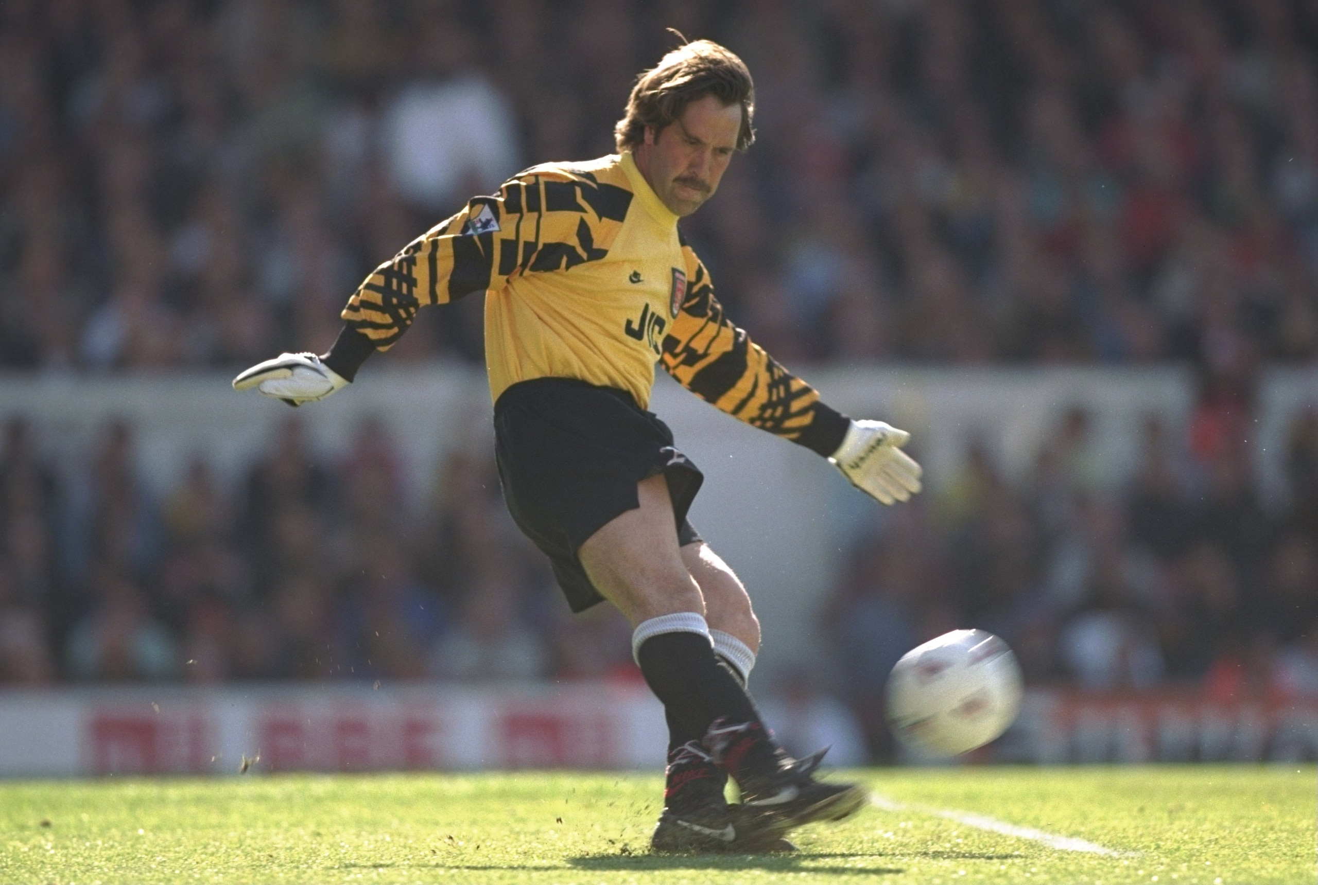 12 Mar 1997:  David Seaman of Arsenal takes a goal kick during the Premier League match against Leicester City at Highbury in London, England. Arsenal won 2-0. \ Mandatory Credit: Ben Radford /Allsport