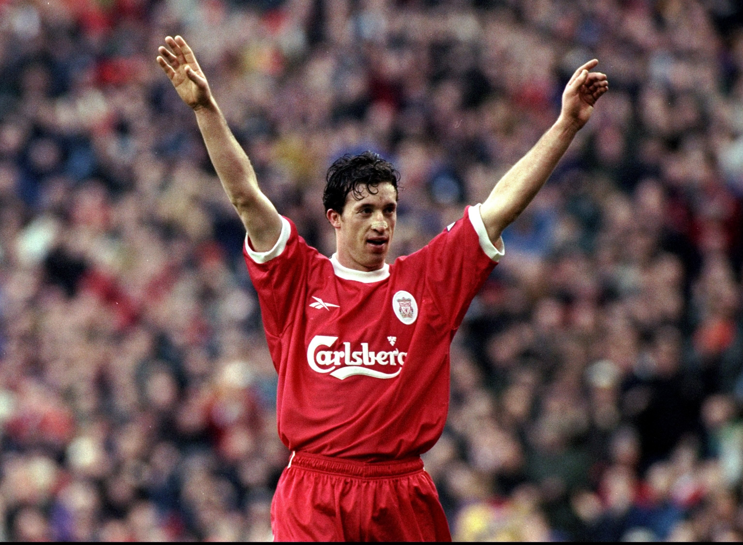 16 Jan 1999:  Robbie Fowler of Liverpool celebrates a goal during the FA Carling Premiership match against Southampton at Anfield in Liverpool, England. Liverpool won the game 7-1. \ Mandatory Credit: Laurence Griffiths /Allsport