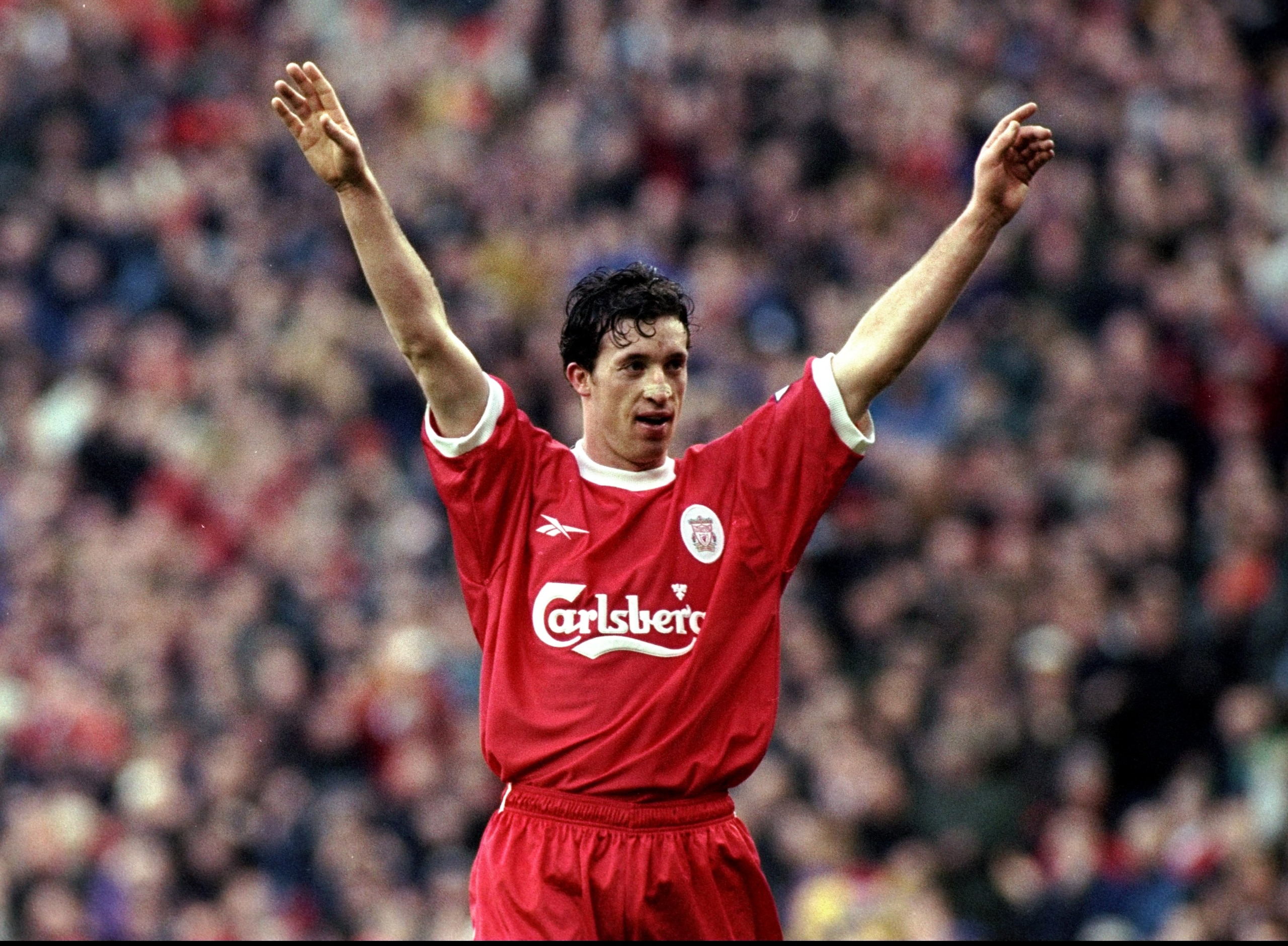 16 Jan 1999:  Robbie Fowler of Liverpool celebrates a goal during the FA Carling Premiership match against Southampton at Anfield in Liverpool, England. Liverpool won the game 7-1. \ Mandatory Credit: Laurence Griffiths /Allsport