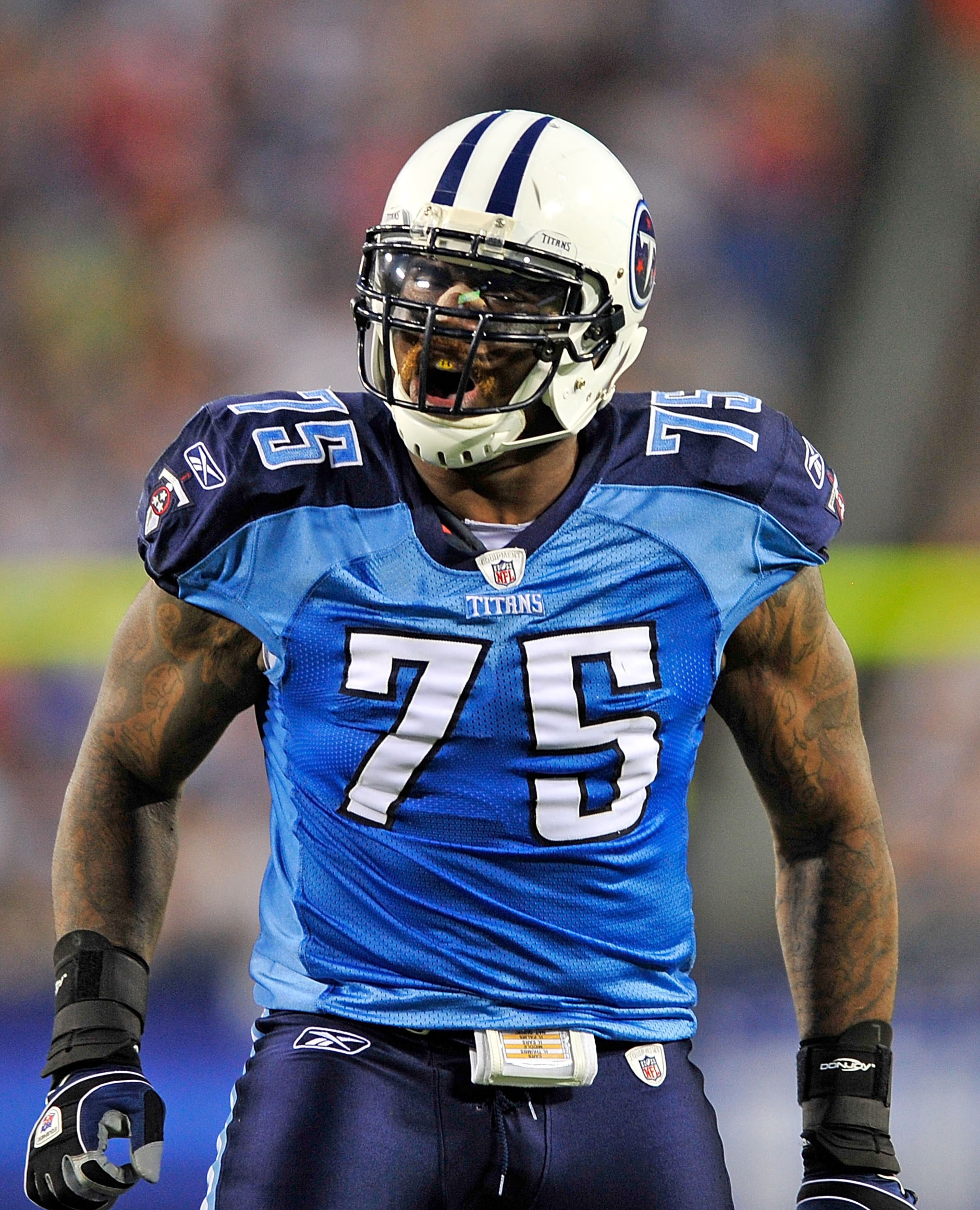NASHVILLE, TN - SEPTEMBER 02:  Jovan Haye #75 of the Tennessee Titans reacts after making a defensive stop against the New Orleans Saints during the first half of an exhibition game at LP Field on September 2, 2010 in Nashville, Tennessee.  (Photo by Gran