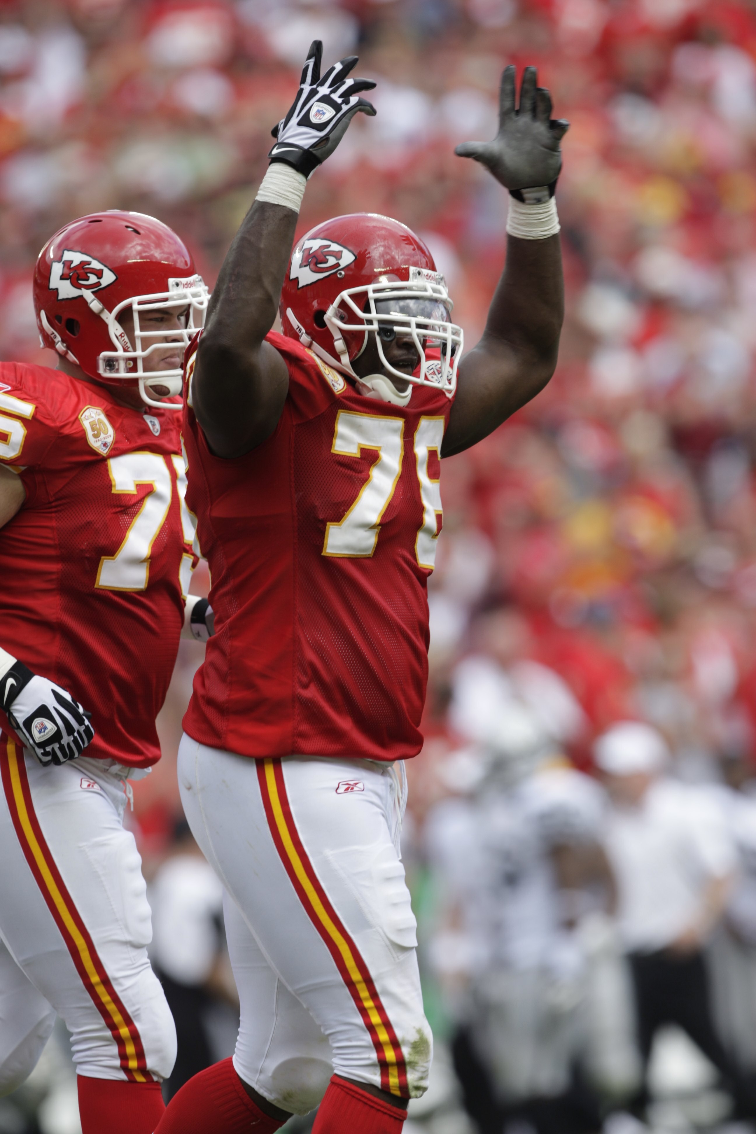 KANSAS CITY, MO - SEPTEMBER 20:  Branden Albert #76 of the Kansas City Chiefs reacts during the game against the Oakland Raiders at Arrowhead Stadium on September 20, 2009 in Kansas City, Missouri. (Photo by Jamie Squire/Getty Images)