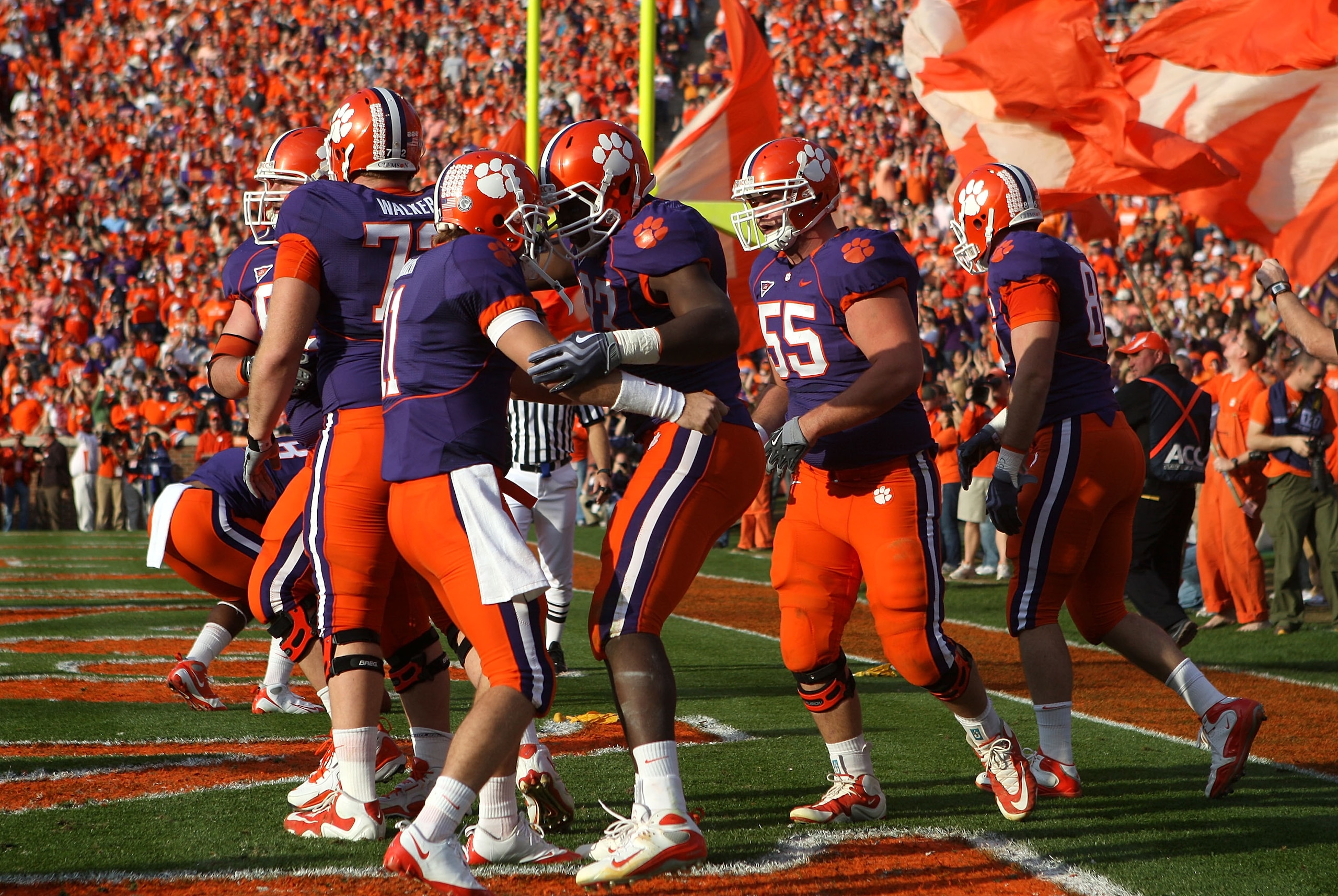 CLEMSON, SC - NOVEMBER 21:  Teammates Kyle Parker #11 and Dwayne Allen #83 of the Clemson Tigers celebrate after a touchdown against the Virginia Cavaliers during their game at Memorial Stadium on November 21, 2009 in Clemson, South Carolina.  (Photo by S