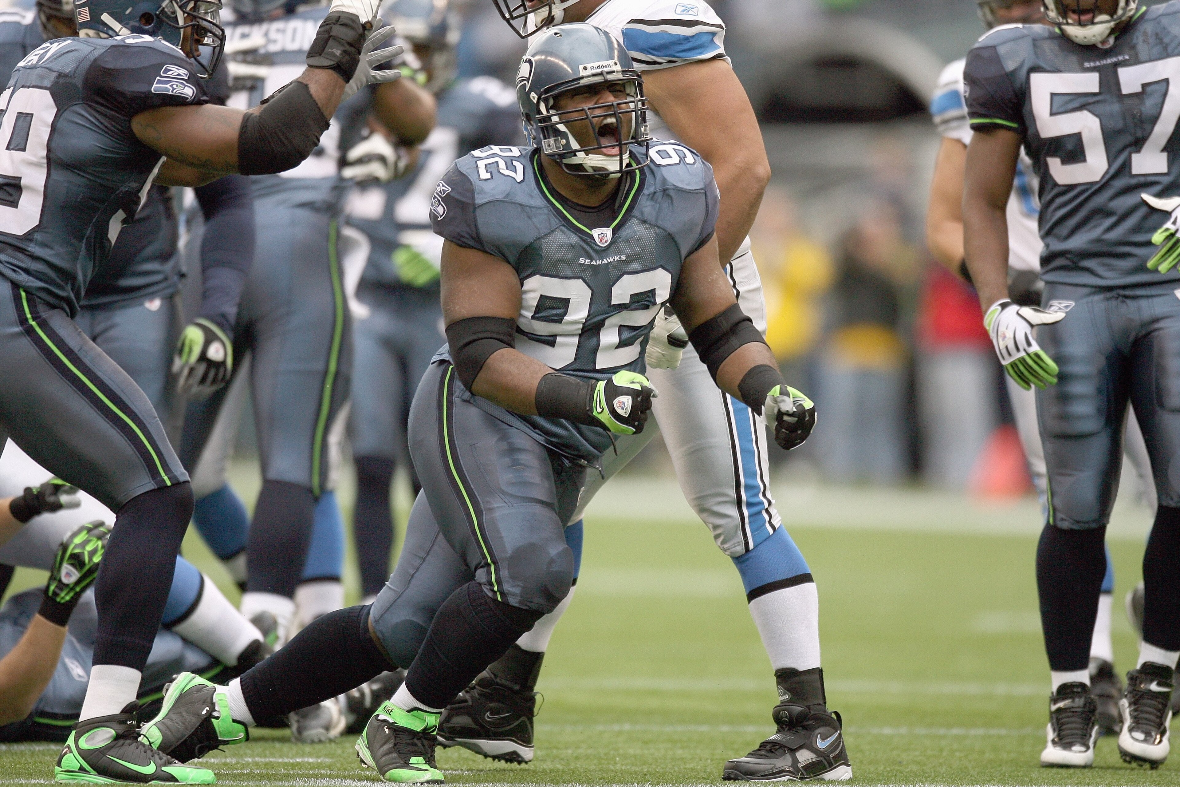 SEATTLE - NOVEMBER 08:  Brandon Mebane #92 of the Seattle Seahawks reacts on the field during the game against the Detroit Lions on November 8, 2009 at Qwest Field in Seattle, Washington. The Seahawks defeated the Lions 32-20. (Photo by Otto Greule Jr/Get