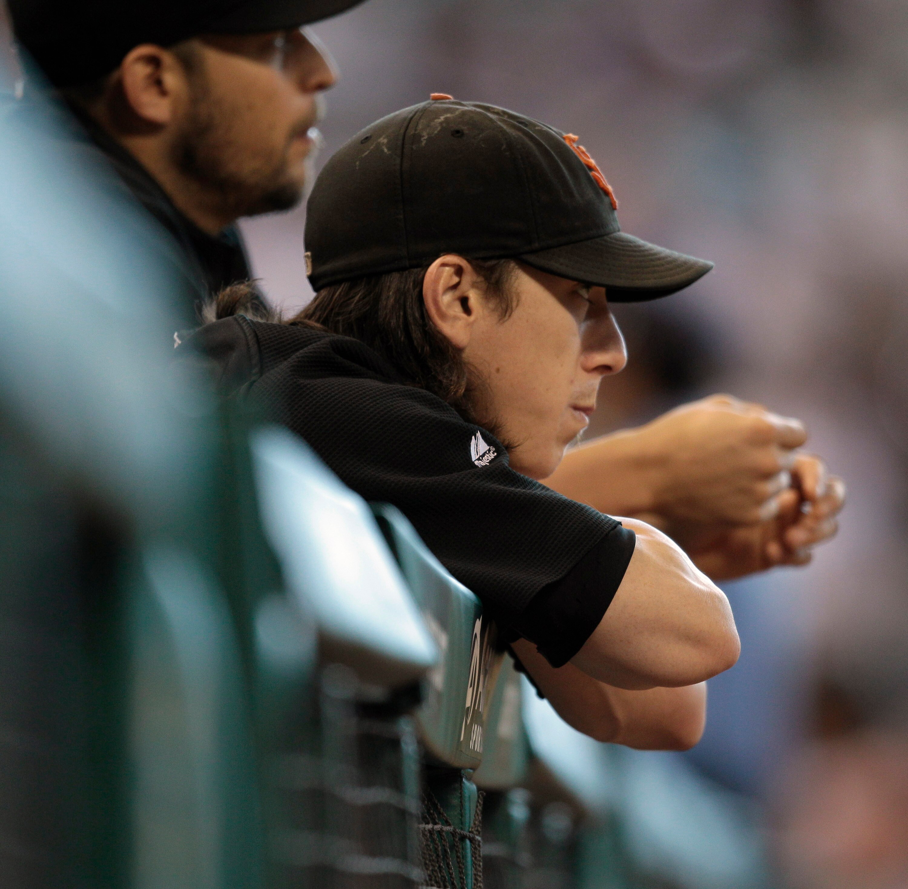 HOUSTON - JUNE 24:  Pitcher Tim Lincecum of the San Francisco Giants looks on from the dugout during a game against the Houston Astros at Minute Maid Park on June 24, 2010 in Houston, Texas.  (Photo by Bob Levey/Getty Images)