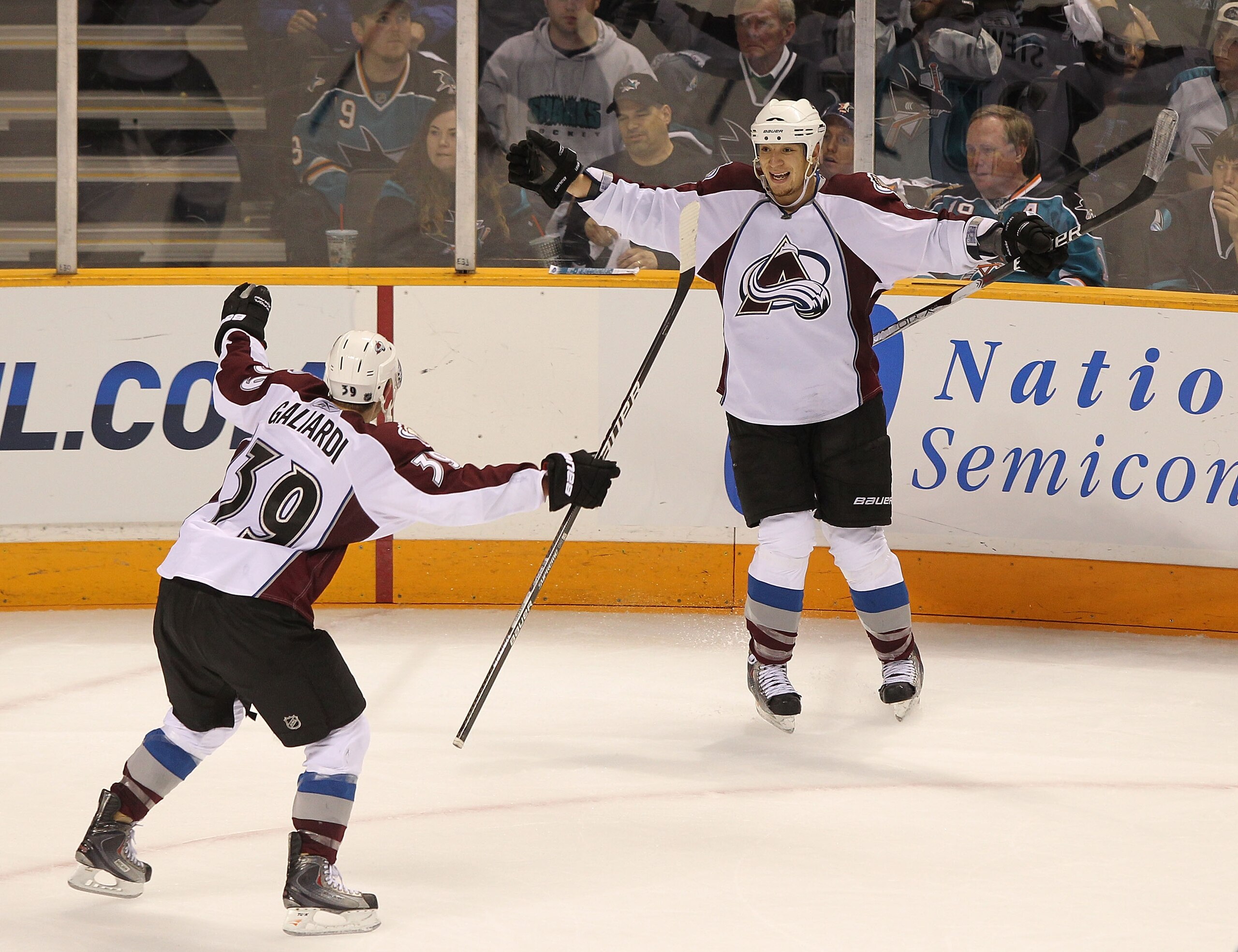 SAN JOSE, CA - APRIL 14:  Chris Stewart #25 of the Colorado Avalanche celebrates with teammate T.J. Galiardi #39 after scoring the game winning goal against the San Jose Sharks  in Game One of the Western Conference Quarterfinals during the 2010 NHL Stanl