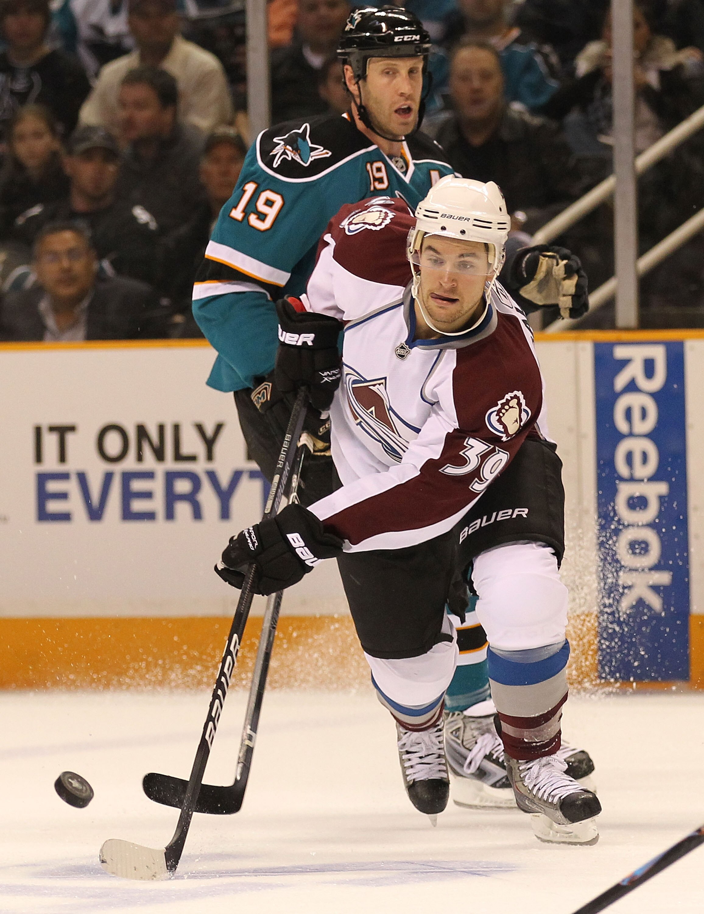 SAN JOSE, CA - APRIL 14:  T.J. Galiardi #39 of the Colorado Avalanche skates against Joe Thornton #19 of the San Jose Sharks in Game One of the Western Conference Quarterfinals during the 2010 NHL Stanley Cup Playoffs at HP Pavilion on April 14, 2010 in S