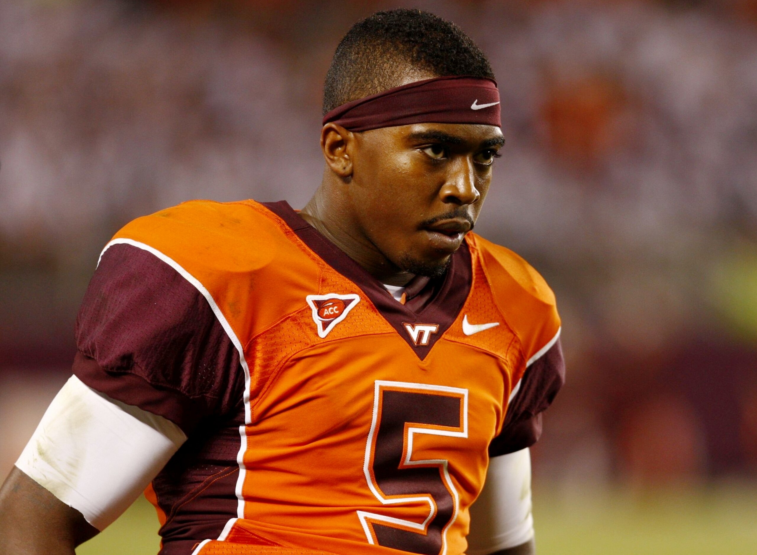 BLACKSBURG, VA - OCTOBER 29:  Quarterback Tyrod Taylor #5 of the Virginia Tech University Hokies watches the action from the sidelines during the fourth quarter of the game against the North Carolina Tar Heels at Lane Stadium on October 29, 2009 in Blacks