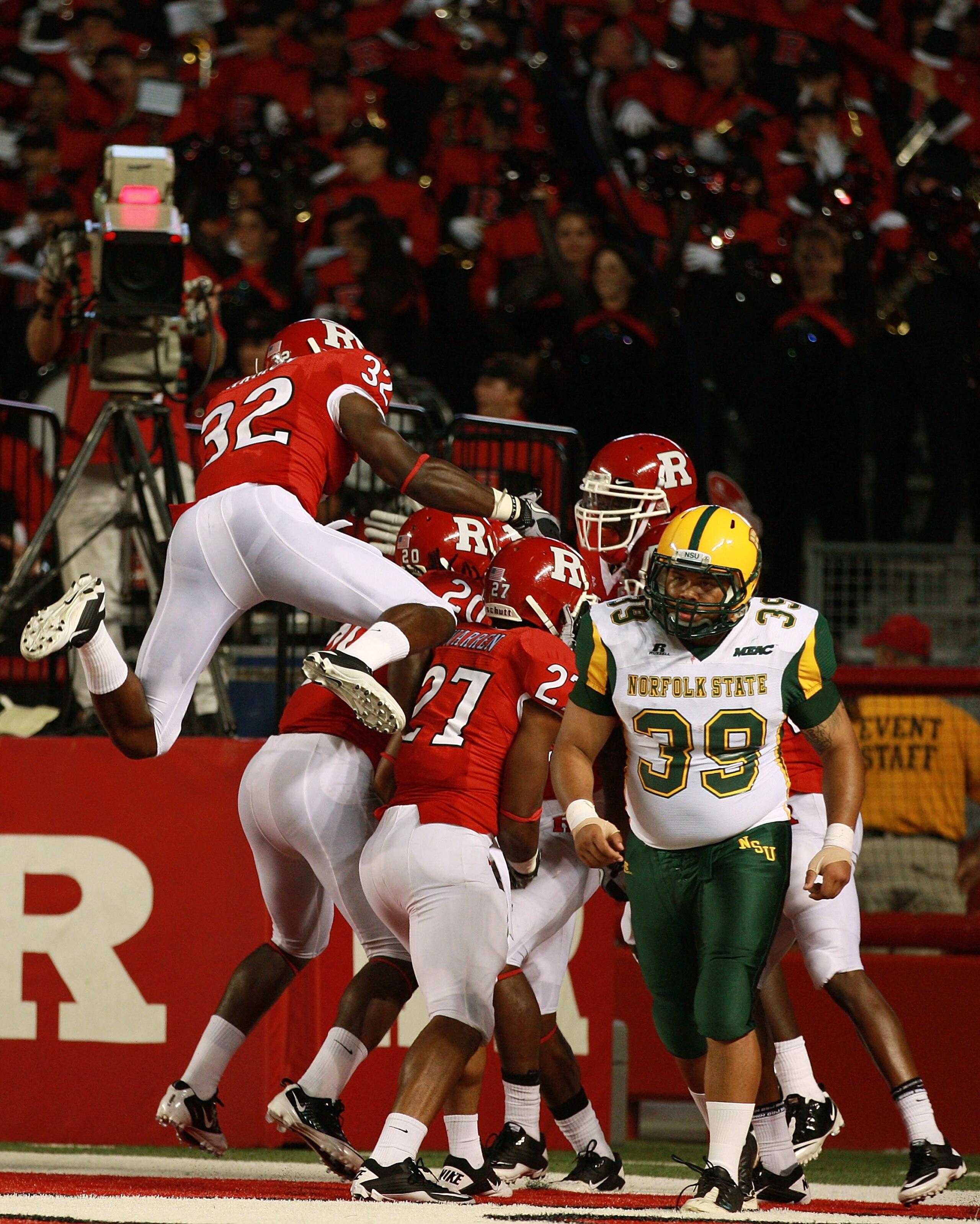 NEW BRUNSWICK, NJ - SEPTEMBER 02:  The Rutgers Scarlet Knights celebrate after successfully scoring a touchdown off of a blocked punt from the Norfolk State Spartans at Rutgers Stadium on September 2, 2010 in New Brunswick, New Jersey.  (Photo by Andrew B