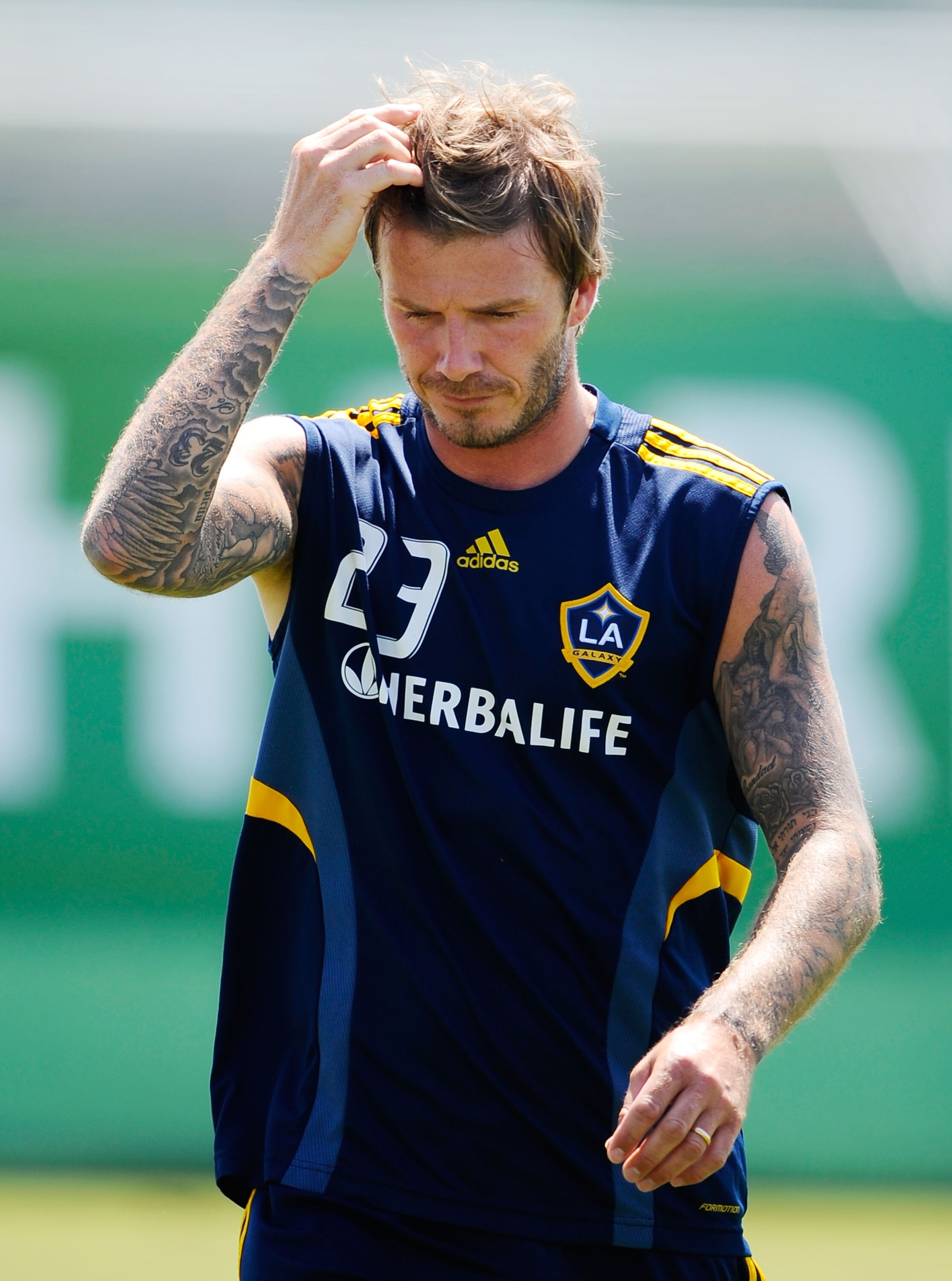CARSON, CA - AUGUST 11:  David Beckham of the Los Angeles Galaxy warms up during training session at The Home Depot Center on August 11, 2010 in Carson, California. Beckham tore his left Achilles' tendon last March while on loan to AC Milan.  (Photo by Ke