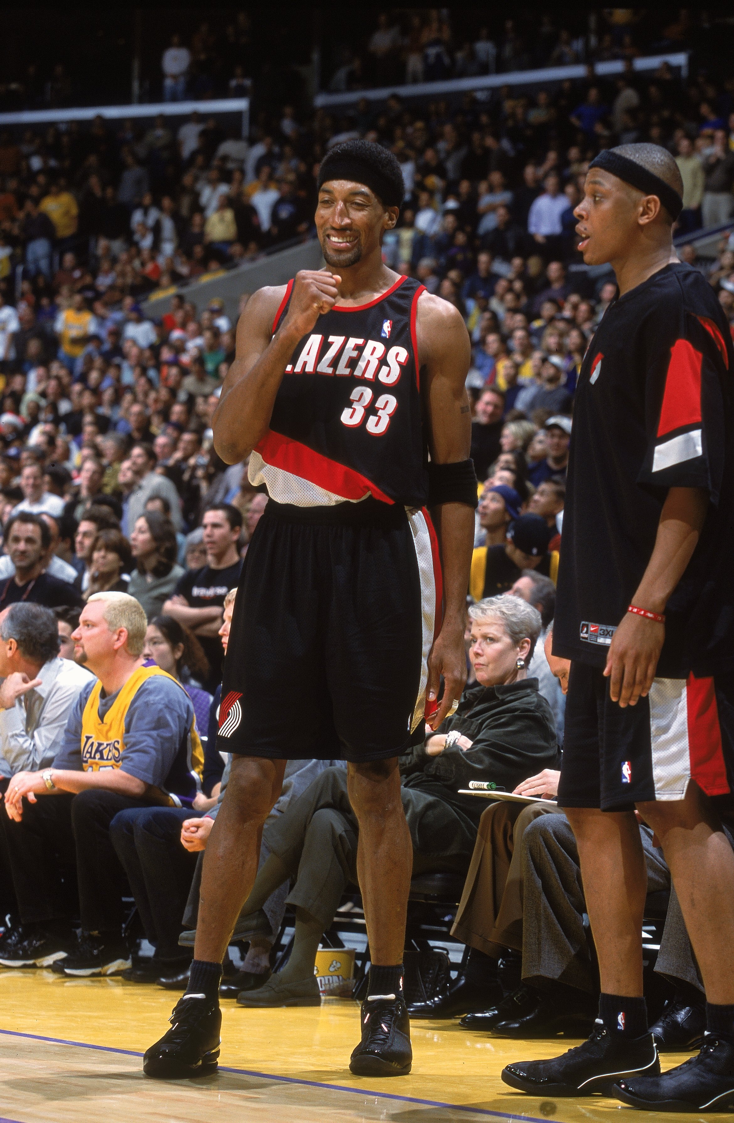 25 Dec 2000:  Scottie Pippen #33 of the Portland Trail Blazers talks to teammate Bonzi Wells #6 during the game against the Los Angeles Lakers at the STAPLES Center in Los Angeles, California. The Trail Blazers defeated the Lakers 109-104.   NOTE TO USER: