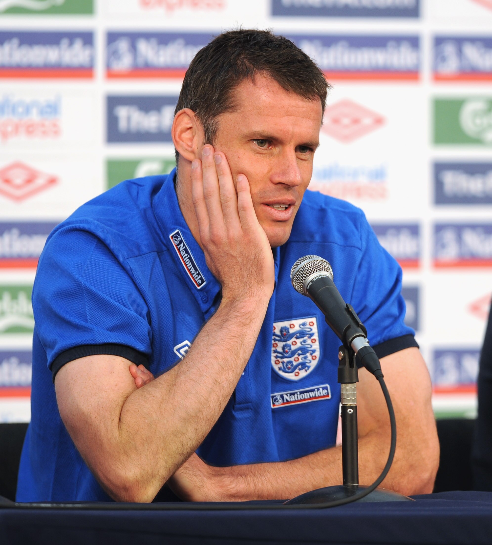 RUSTENBURG, SOUTH AFRICA - JUNE 14:  Jamie Carragher talks to the media after the England training session at the Royal Bafokeng Sports Campus on June 14, 2010 in Rustenburg, South Africa.  (Photo by Michael Regan/Getty Images)