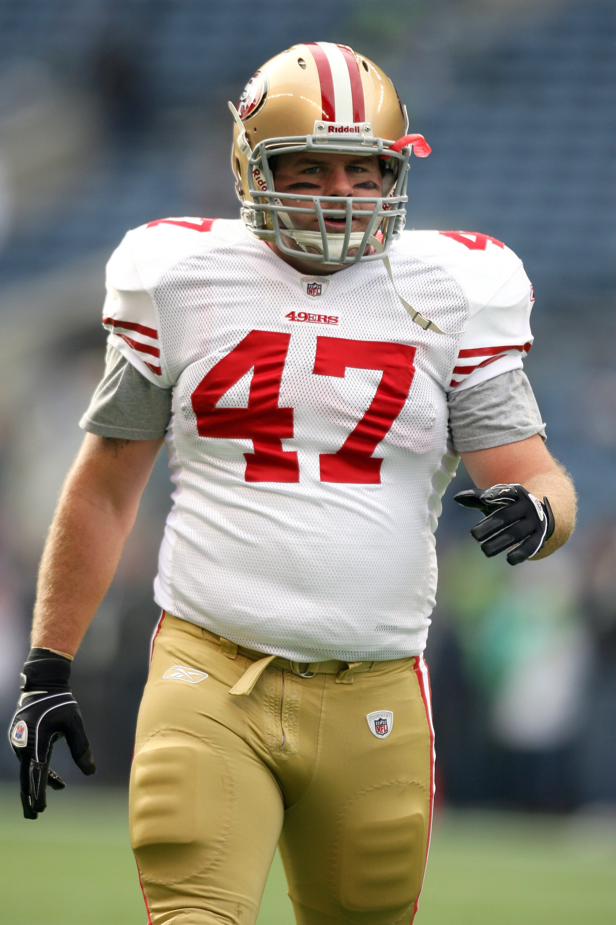 SEATTLE - DECEMBER 6:  Brit Miller #47 of the San Francisco 49ers warms up prior to their NFL game against the Seattle Seahawks on December 6, 2009 at Qwest Field in Seattle, Washington. The Seahawks defeated the 49ers 20-17. (Photo by Otto Greule Jr./Get