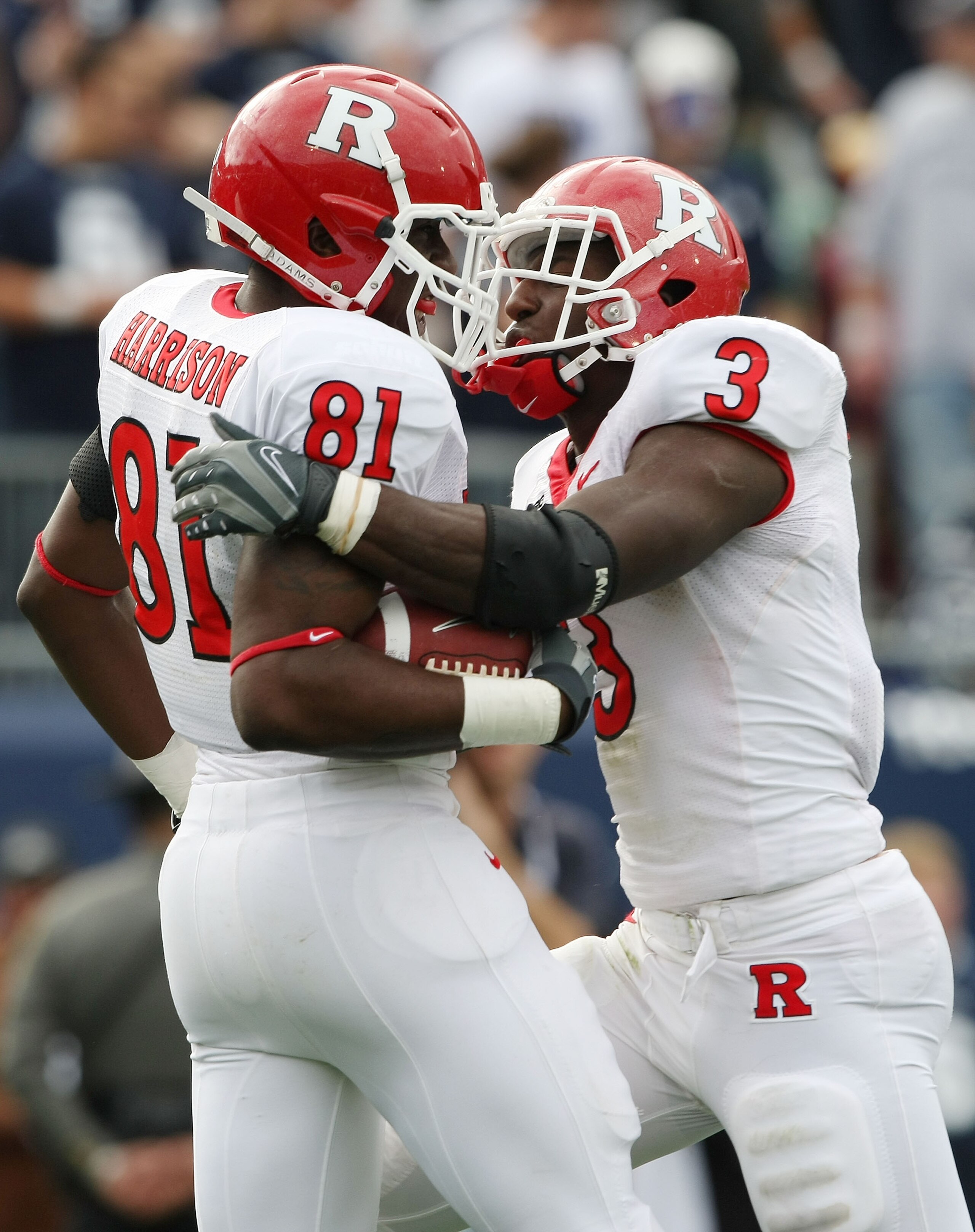 EAST HARTFORD, CT - OCTOBER 31:  Mark Harrison #81 of the Rutgers Scarlet Knights celebrates his touchdown with teammate Shamar Graves #3 in the second half against the Connecticut Huskies on October 31, 2009 at Rentschler Field in East Hartford, Connecti