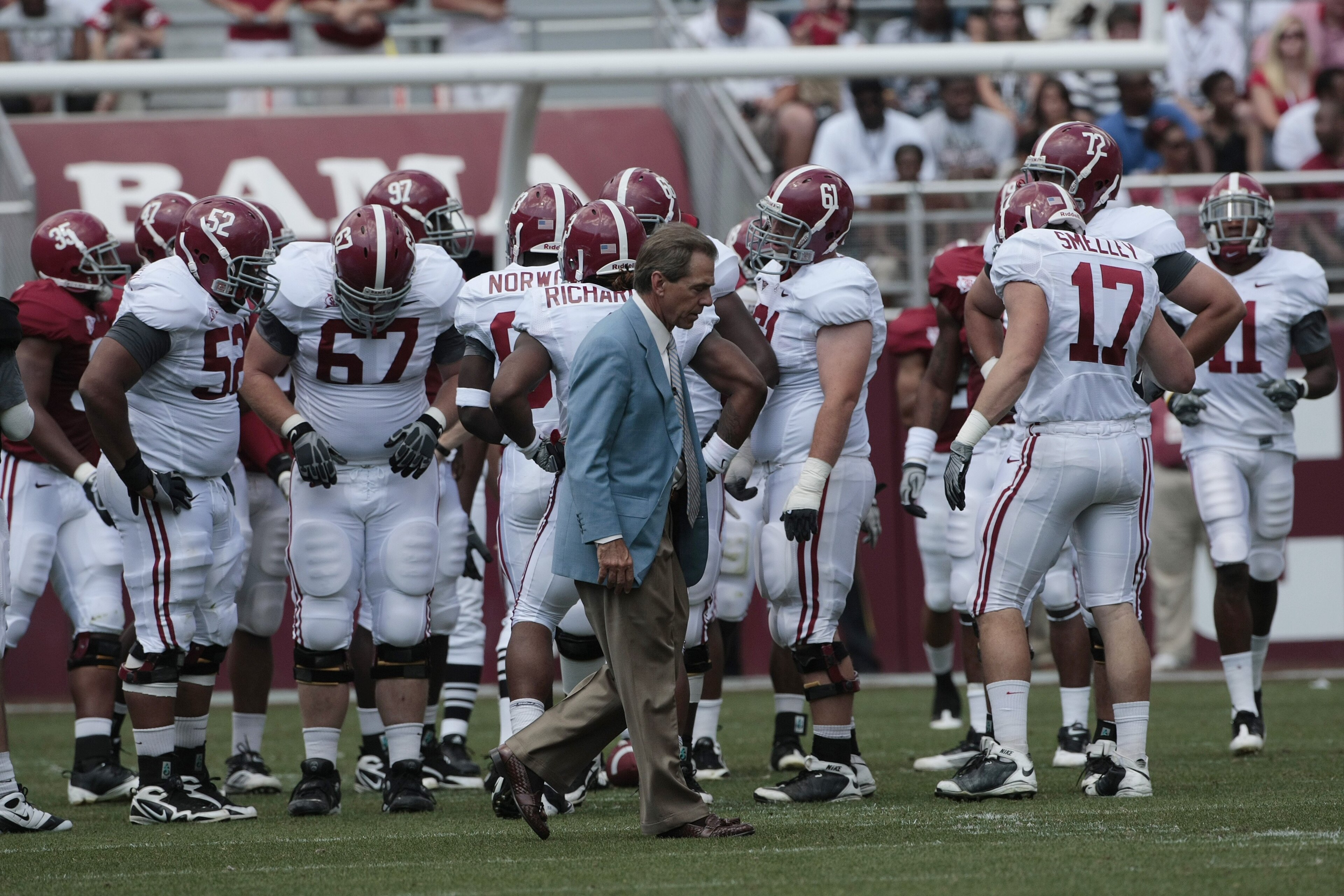 TUSCALOOSA, AL - APRIL 17:  Coach Nick Saban of the Alabama Crimson Tide watches during the Alabama spring game at Bryant Denny Stadium on April 17, 2010 in Tuscaloosa, Alabama. (Photo by Dave Martin/Getty Images)