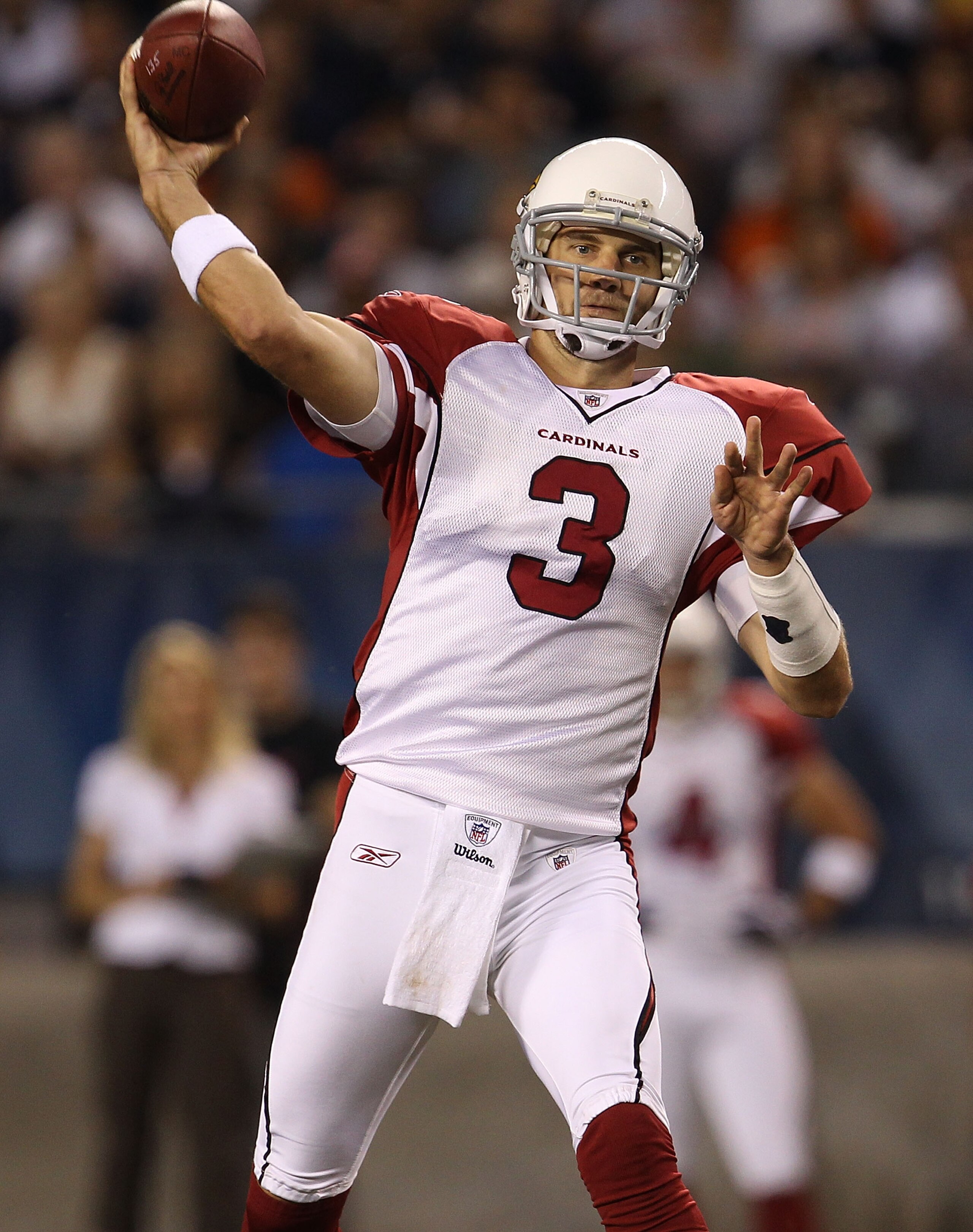 CHICAGO - AUGUST 28: Derek Anderson #3 of the Arizona Cardinals passes the ball against the Chicago Bears during a preseason game at Soldier Field on August 28, 2010 in Chicago, Illinois. (Photo by Jonathan Daniel/Getty Images)