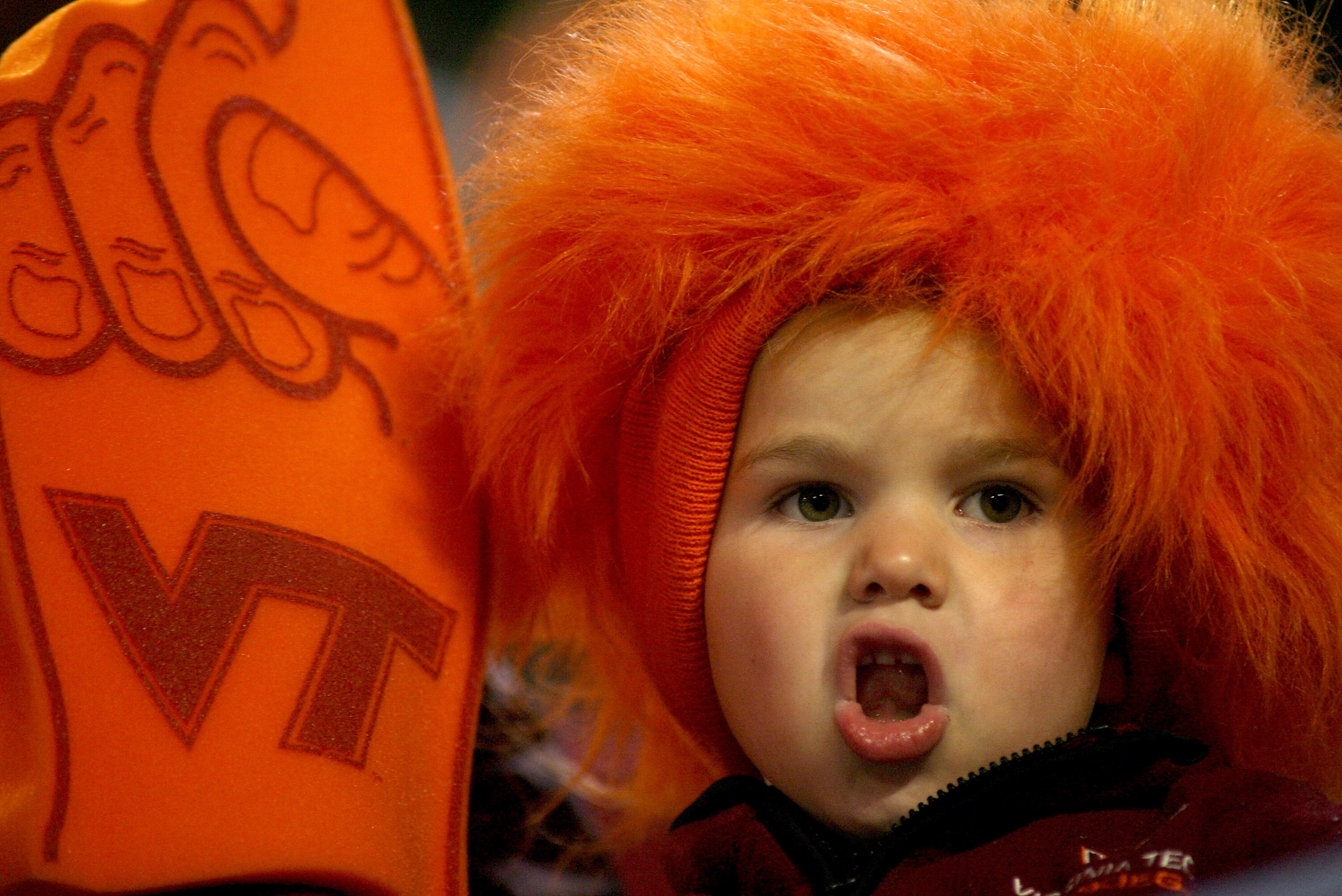 MIAMI - JANUARY 03:  A young Hokie fan yells at the end of the FedEx Orange Bowl after the Kansas Jayhawks defeated the Virginia Tech Hokies 24-21 at Dolphin Stadium on January 3, 2008 in Miami, Florida.  (Photo by Marc Serota/Getty Images)