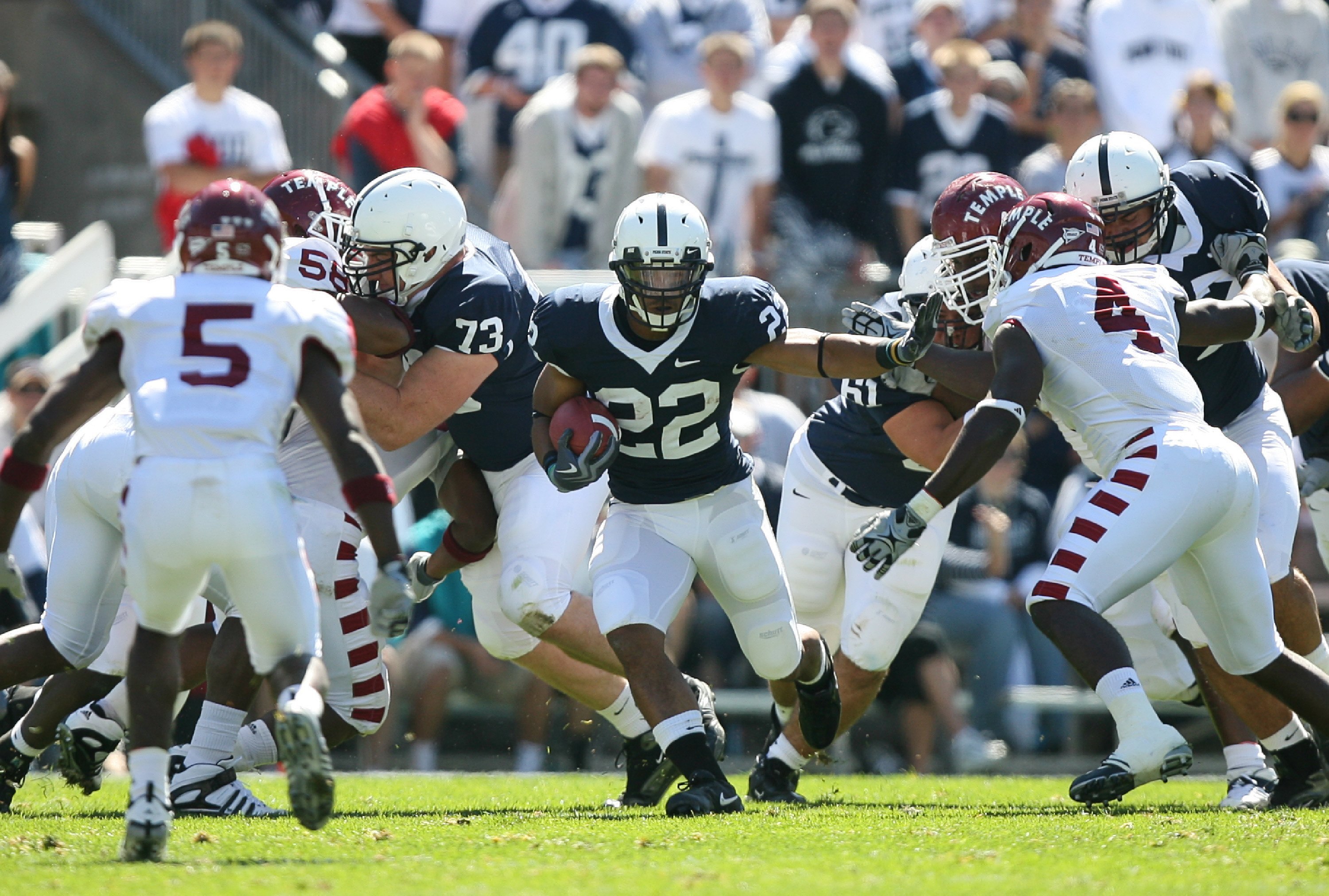STATE COLLEGE, PA - SEPTEMBER 19: Running back Evan Royster #22 of the Penn State Nittany Lions carries the ball during a game against the Temple Owls on September 19, 2009 at Beaver Stadium in State College, Pennsylvania. (Photo by Hunter Martin/Getty Im