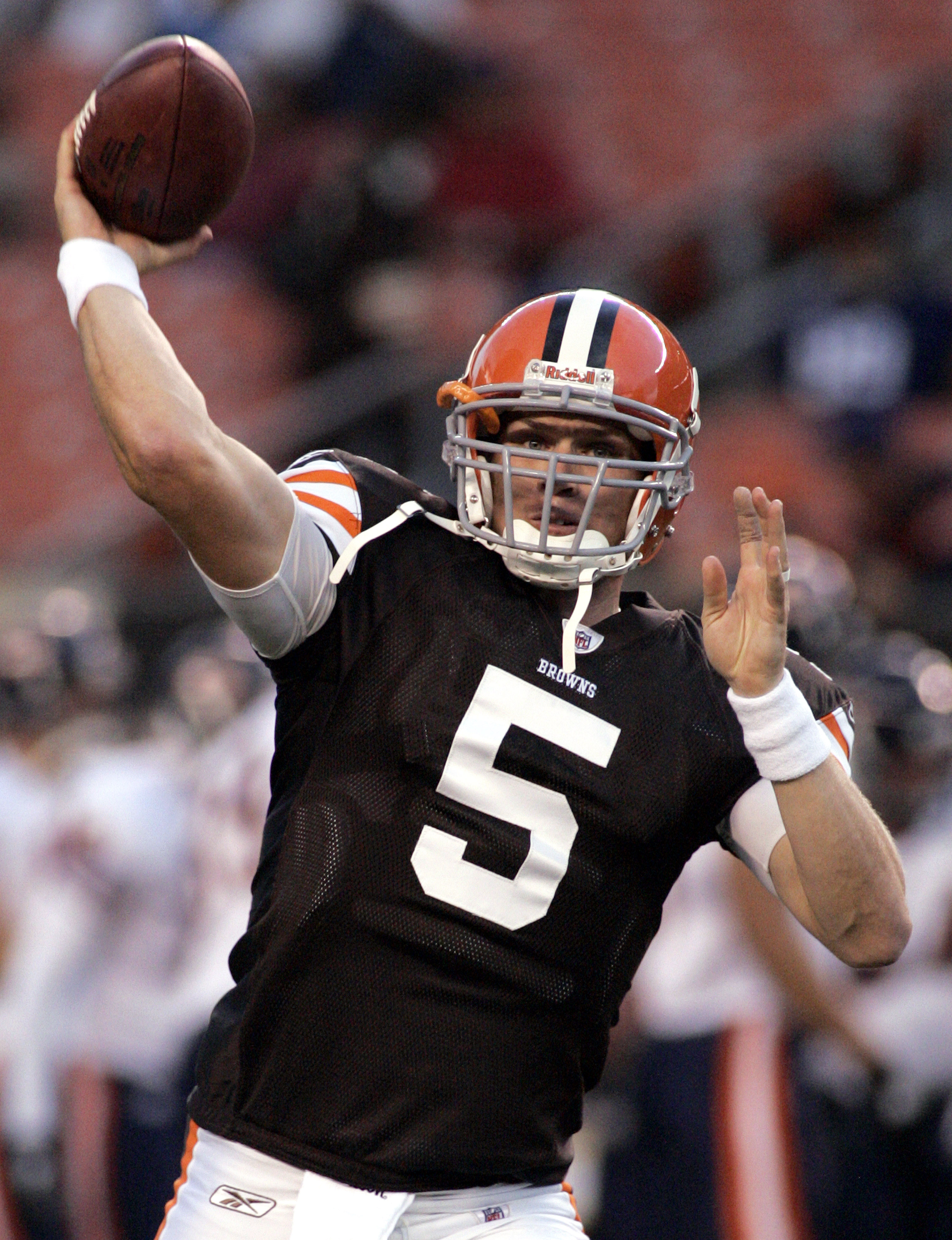 CLEVELAND - SEPTEMBER 2:  Brett Ratliff #5 of the Cleveland Browns warms up before the preseason game against the Chicago Bears on September 2, 2010 at Cleveland Browns Stadium in Cleveland, Ohio. (Photo by Justin K. Aller/Getty Images)