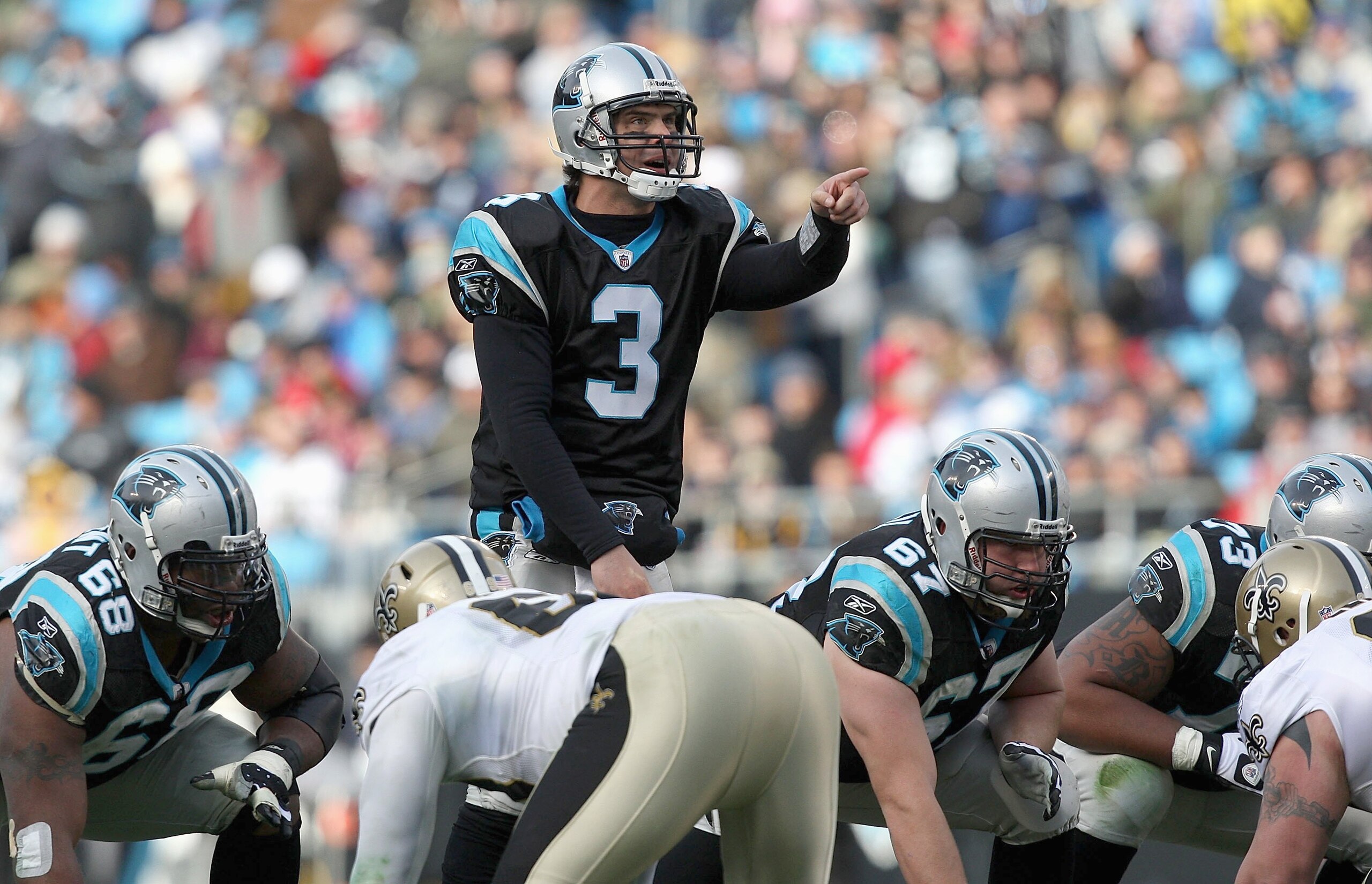 CHARLOTTE, NC - JANUARY 03:  Quarterback Matt Moore #3 of the Carolina Panthers calls the play during the game against the New Orleans Saints at Bank of America Stadium on January 3, 2010 in Charlotte, North Carolina.  (Photo by Streeter Lecka/Getty Image