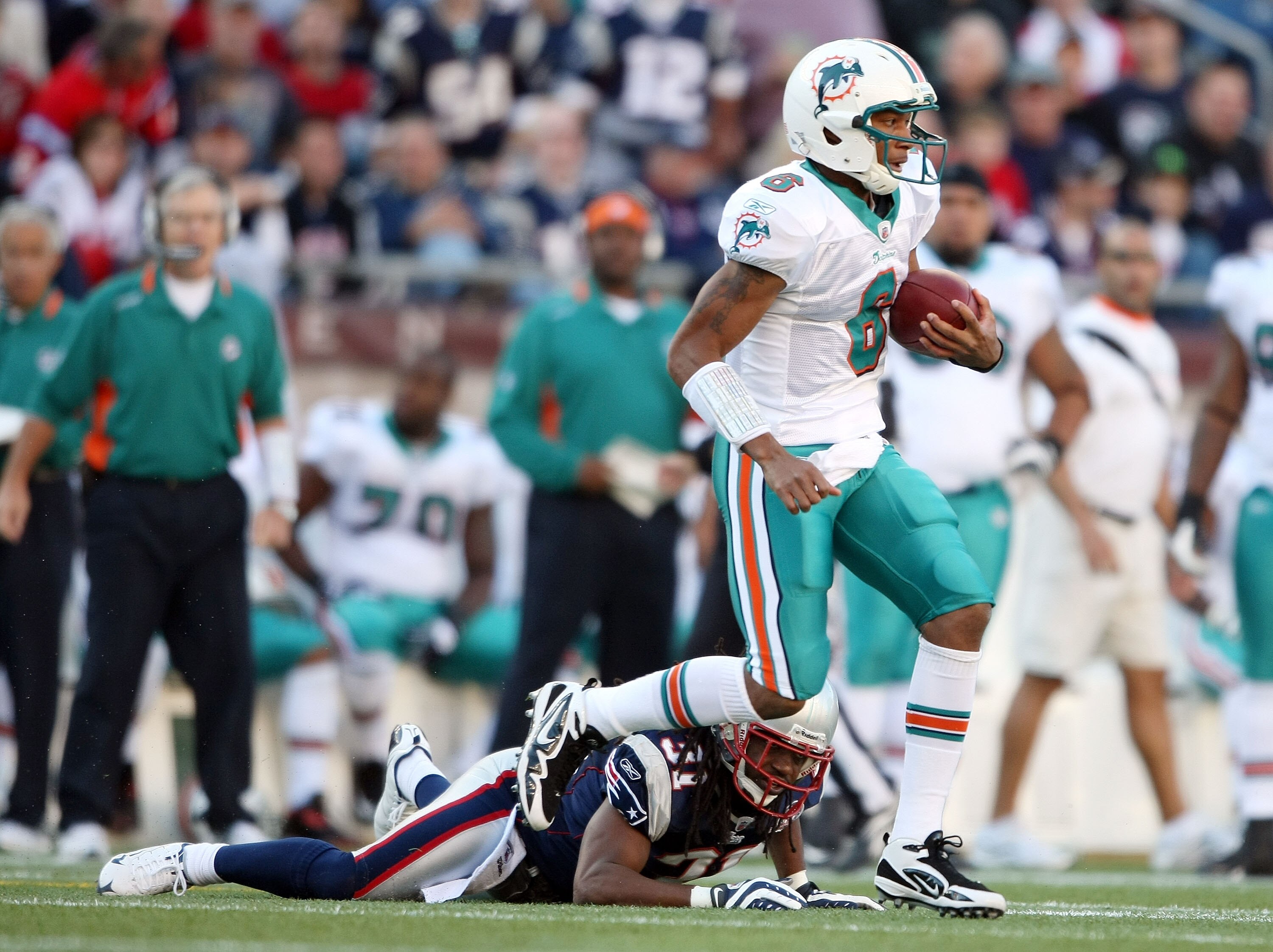 FOXBORO, MA - NOVEMBER 08:  Pat White #6 of the Miami Dolphins avoids Brandon Meriweather #31 of the New England Patriots on November 8, 2009 at Gillette Stadium in Foxboro, Massachusetts.  (Photo by Elsa/Getty Images)