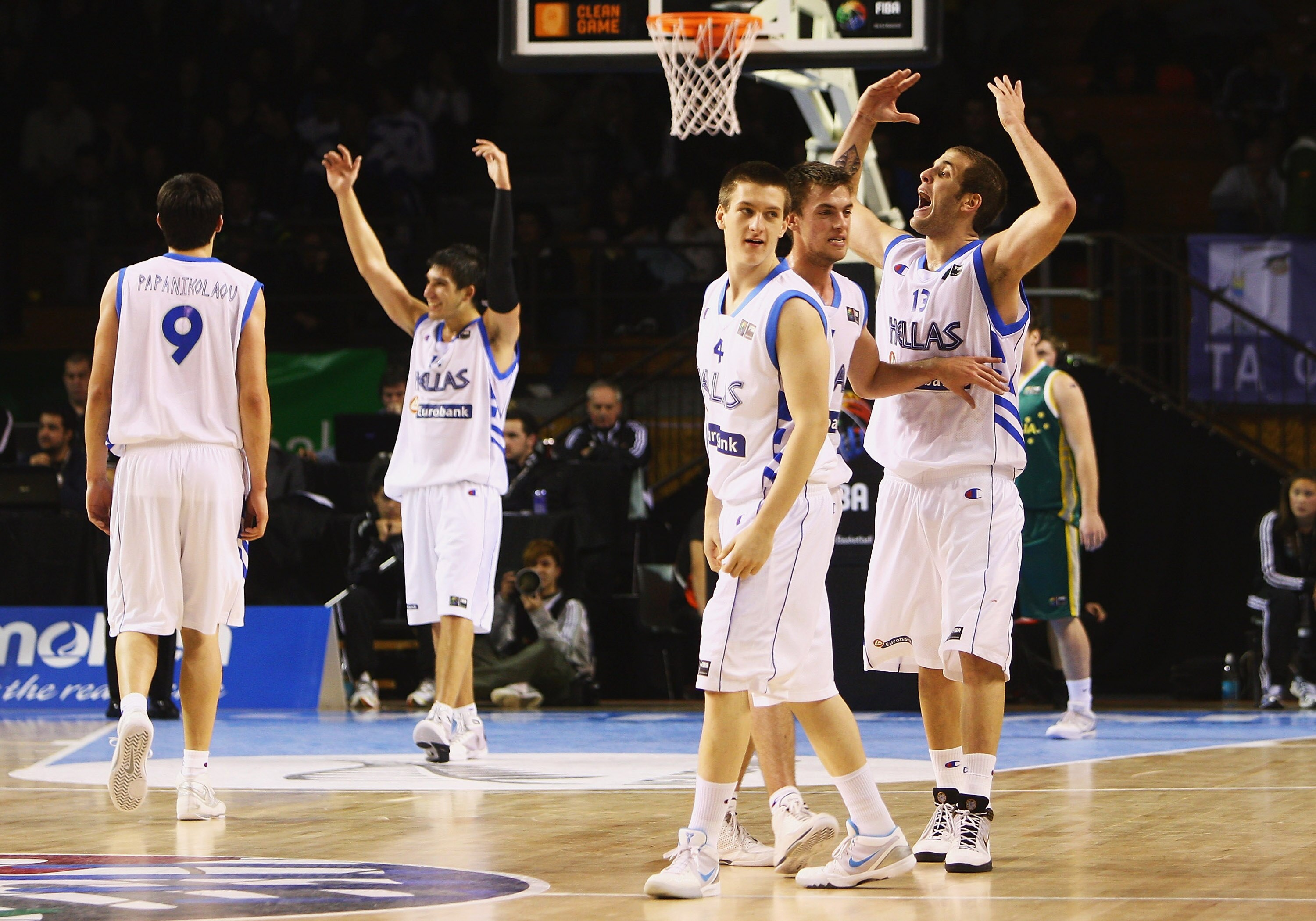 AUCKLAND, NEW ZEALAND - JULY 11:  Greece celebrate in the final seconds before winning the U19 Basketball World Championships Semi-Final match between Greece and Australia at North Shore Events Centre on July 11, 2009 in Auckland, New Zealand.  (Photo by