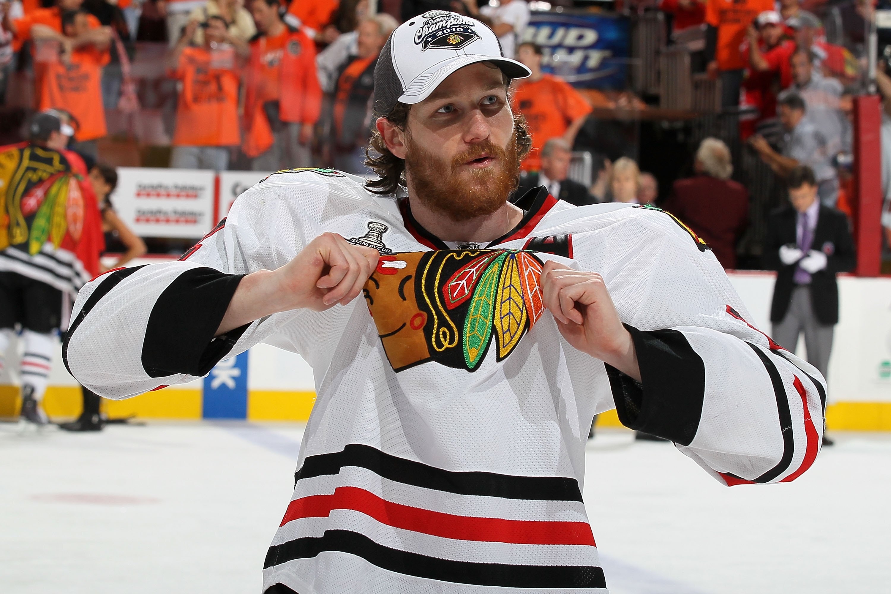 PHILADELPHIA - JUNE 09:  Duncan Keith #2 of the Chicago Blackhawks celebrates after teammate Patrick Kane #88 scored the game-winning goal in overtime to defeat the Philadelphia Flyers 4-3 and win the Stanley Cup in Game Six of the 2010 NHL Stanley Cup Fi