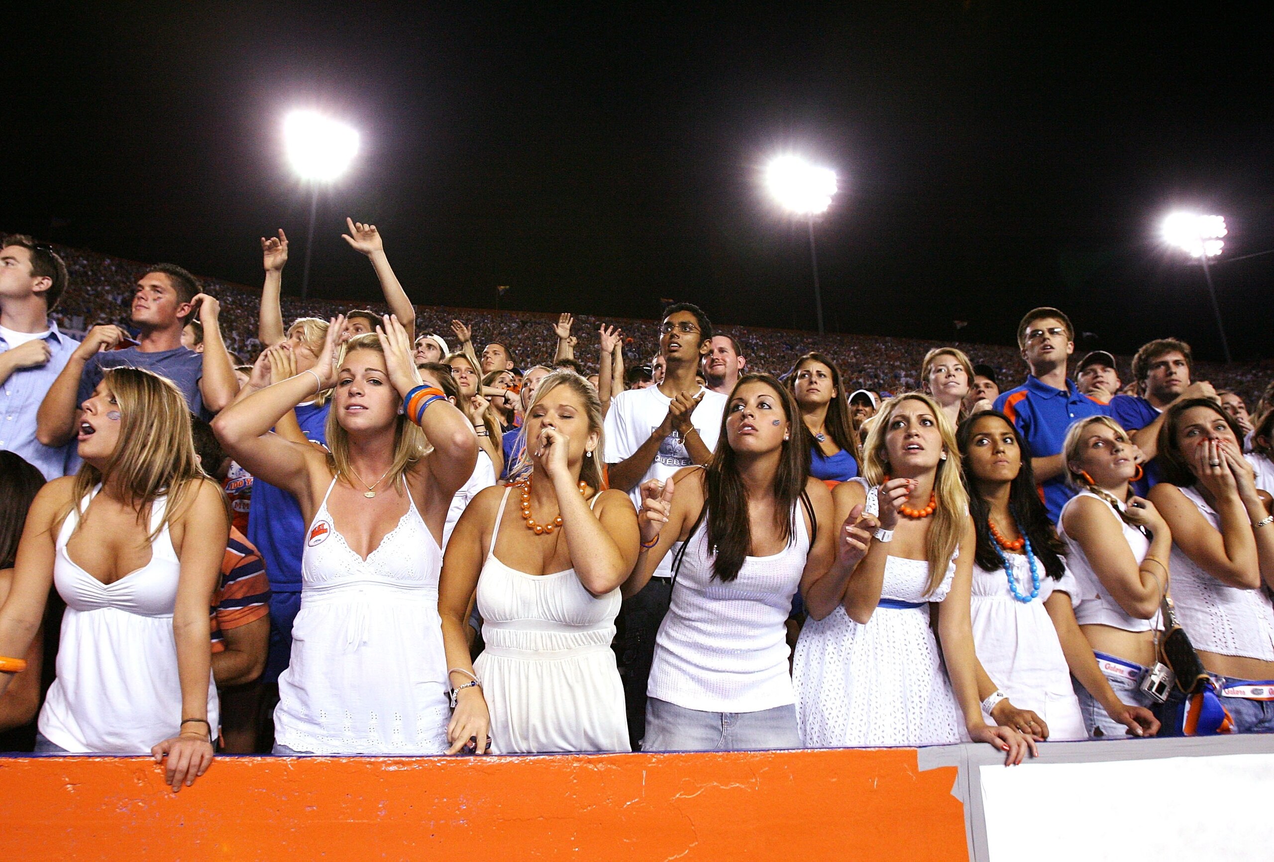GAINESVILLE, FL - SEPTEMBER 29:  Fans of the Florida Gators react as the game-winning kick goes through the uprights as the Gators lost to the Auburn Tigers at Ben Hill Griffin Stadium September 29, 2007 in Gainesville, Florida.  (Photo by Doug Benc/Getty