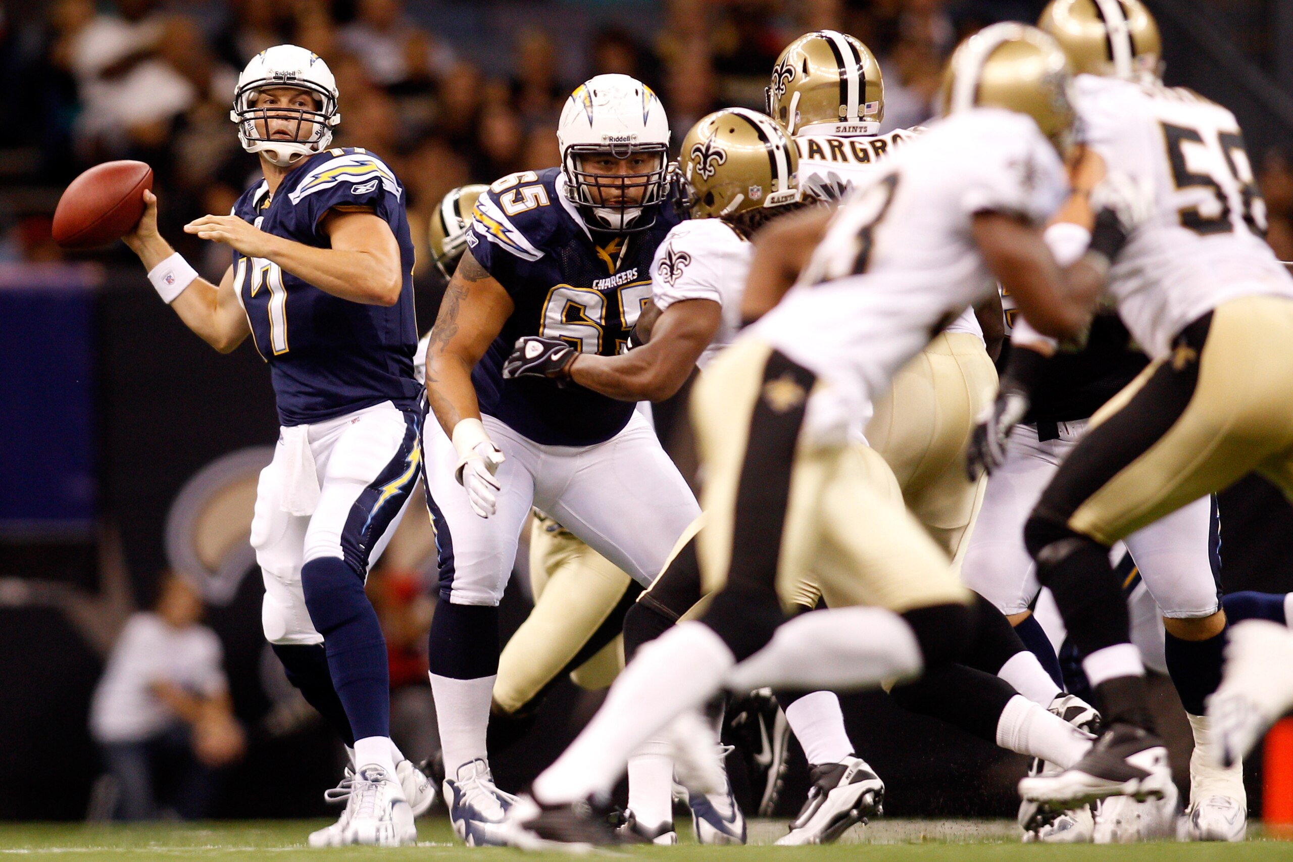 NEW ORLEANS - AUGUST 27:  Philip Rivers #17 of the San Diego Chargers in action against the New Orleans Saints at the Louisiana Superdome on August 27, 2010 in New Orleans, Louisiana.  (Photo by Chris Graythen/Getty Images)