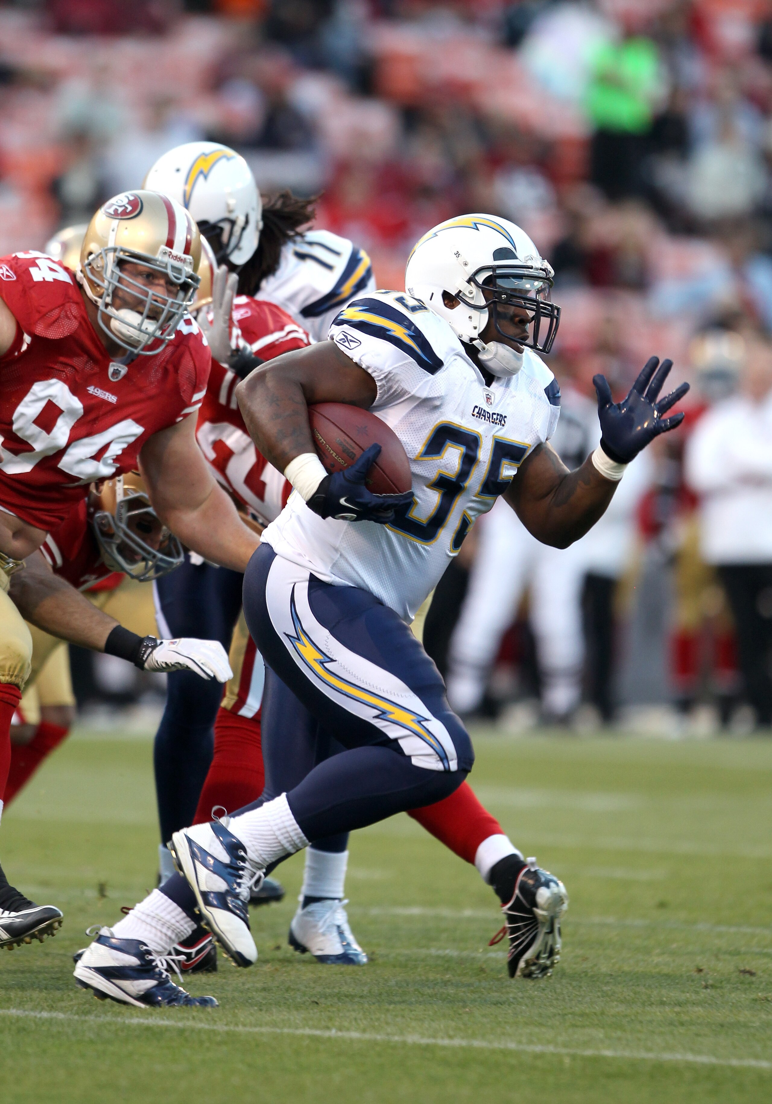 SAN FRANCISCO - SEPTEMBER 02:  Mike Tolbert #35 of the San Diego Chargers runs with the ball during their game against the San Francisco 49ers at Candlestick Park  on September 2, 2010 in San Francisco, California.  (Photo by Ezra Shaw/Getty Images)