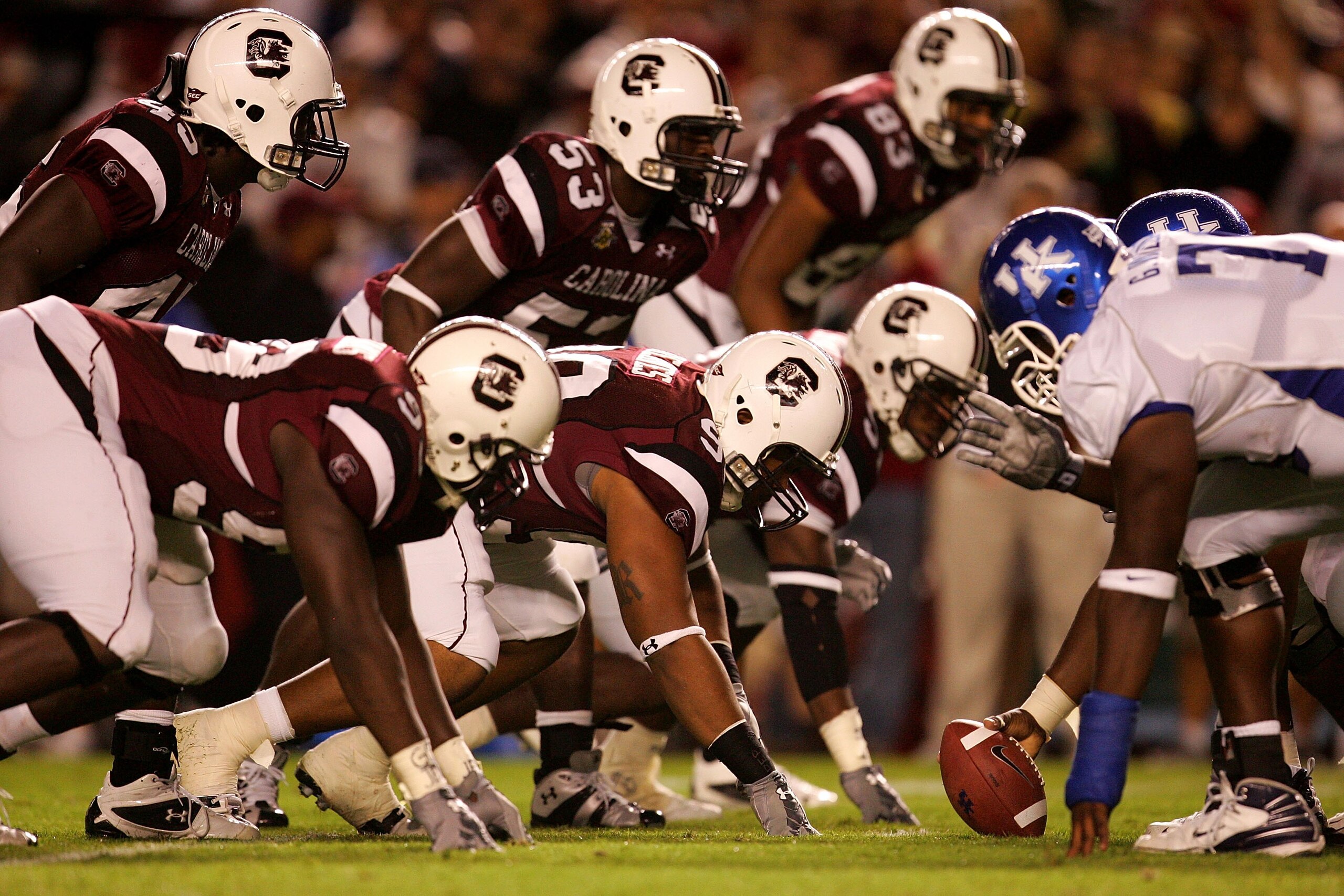 COLUMBIA, SC - OCTOBER 4:  The defense of the South Carolina Gamecocks lines up against the Kentucky Wildcats during their game at Williams-Brice Stadium October 4, 2007 in Columbia, South Carolina.  (Photo by Streeter Lecka/Getty Images)